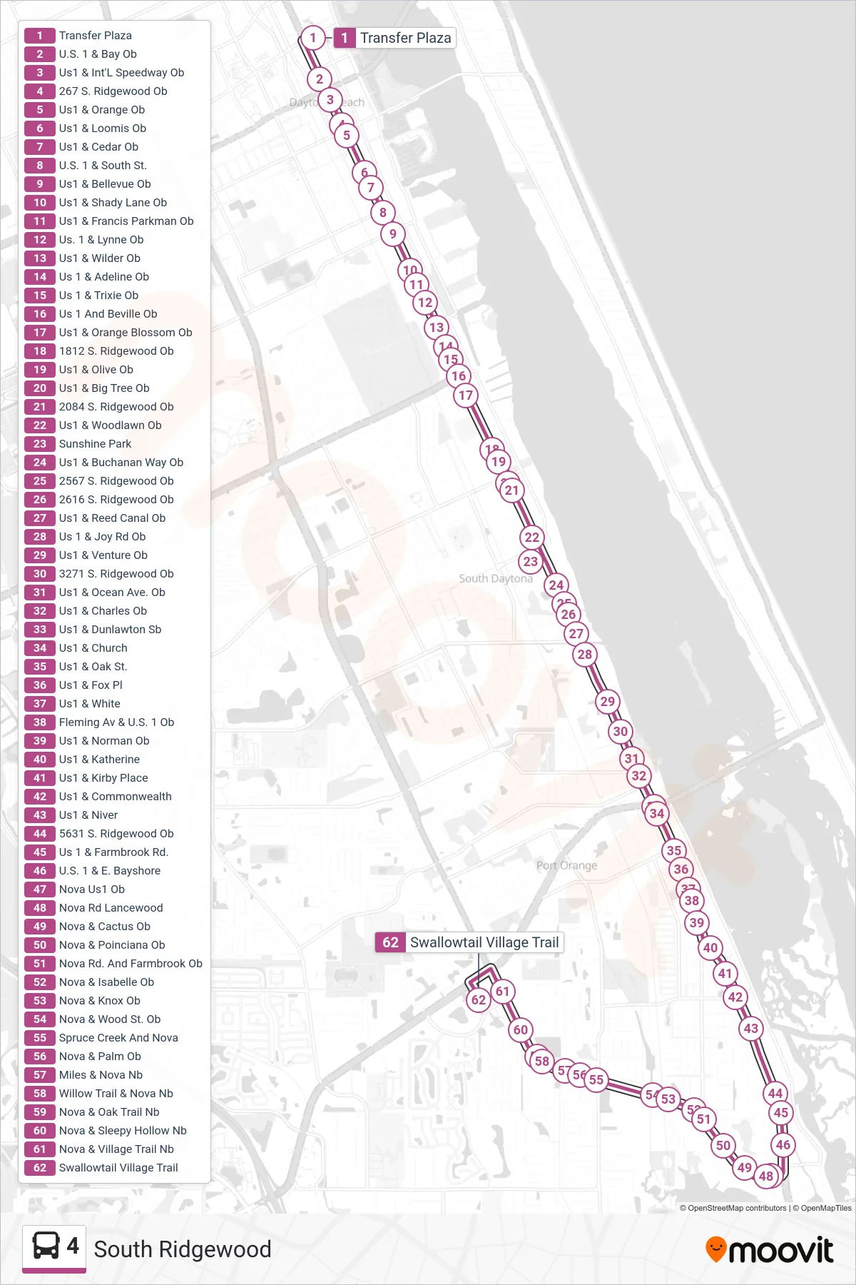 4 bus Line (Nova And Dunlawton) route and stops on a map