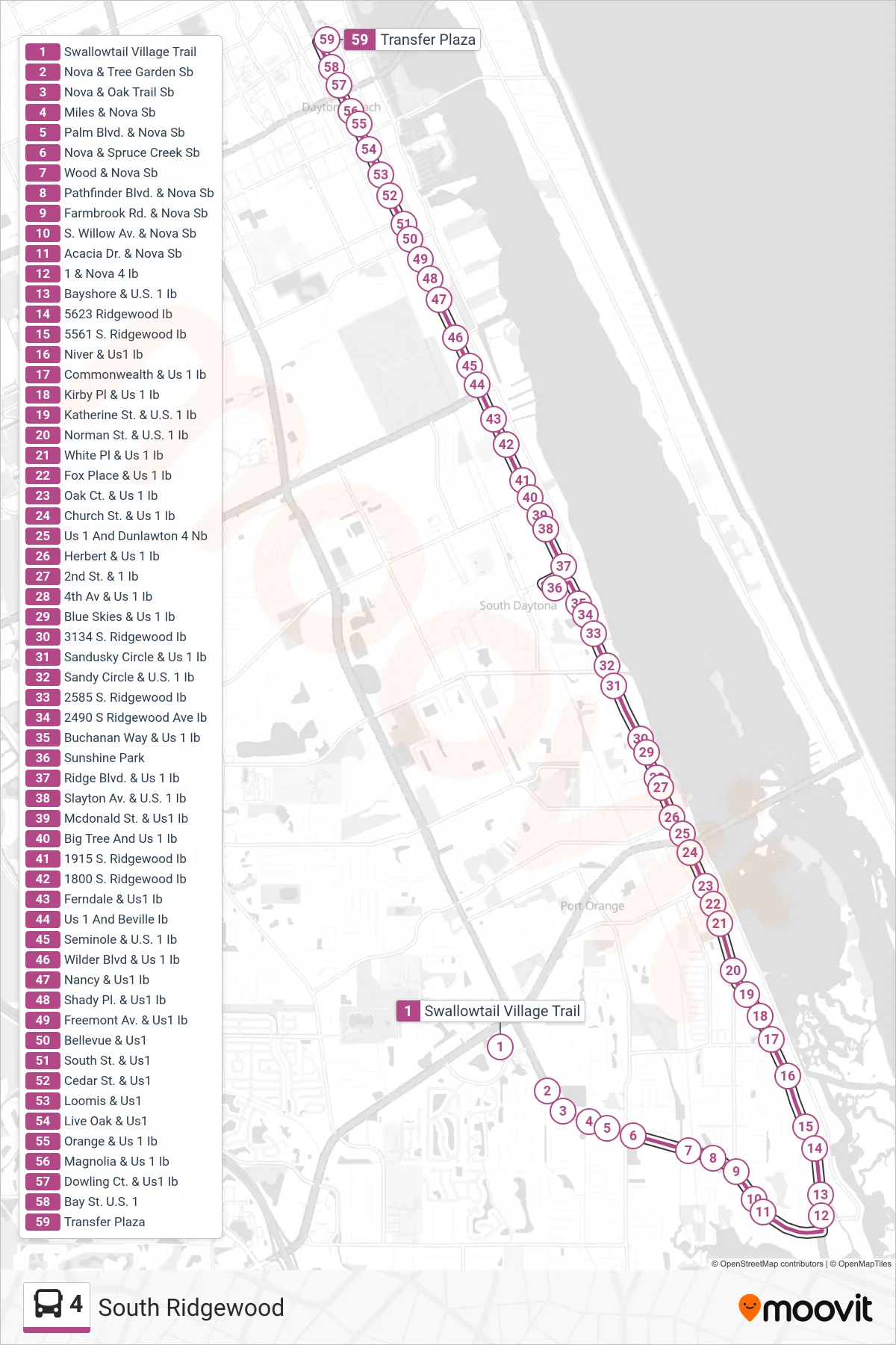 4 bus Line (Transfer Plaza) route and stops on a map