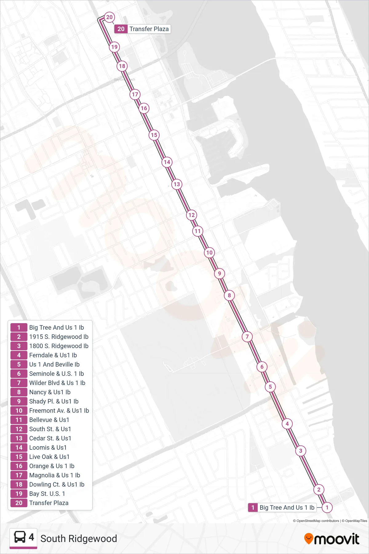 4 bus Line (To Transfer Plaza) route and stops on a map