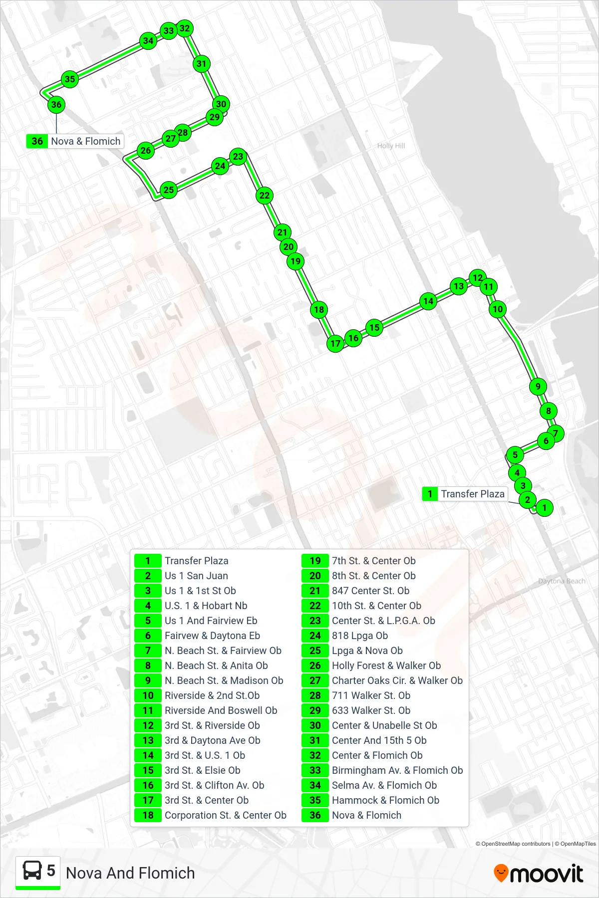 5 bus Line (Nova And Flomich) route and stops on a map