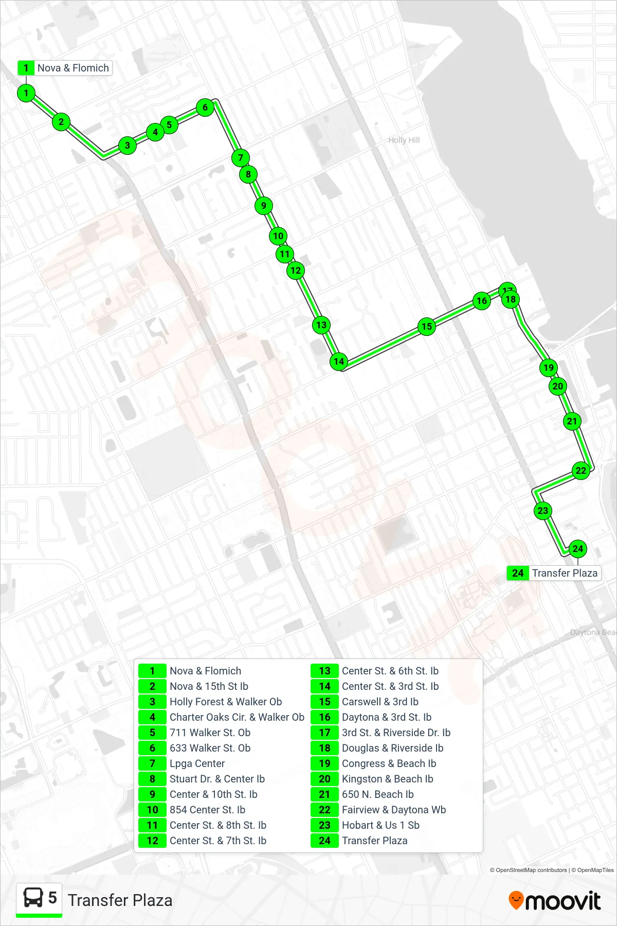 5 bus Line (Transfer Plaza) route and stops on a map