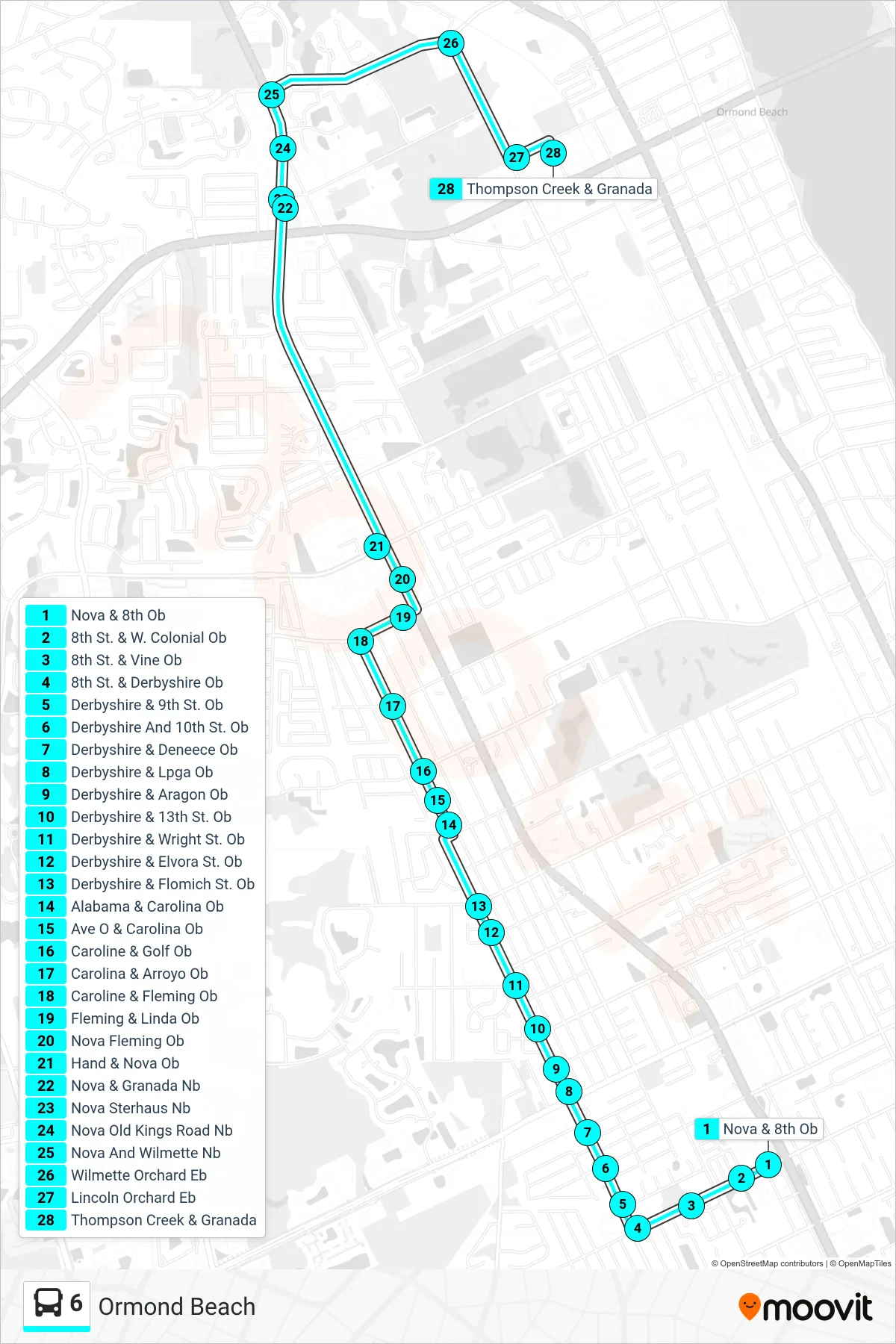 6 bus Line (Ormond Beach) route and stops on a map