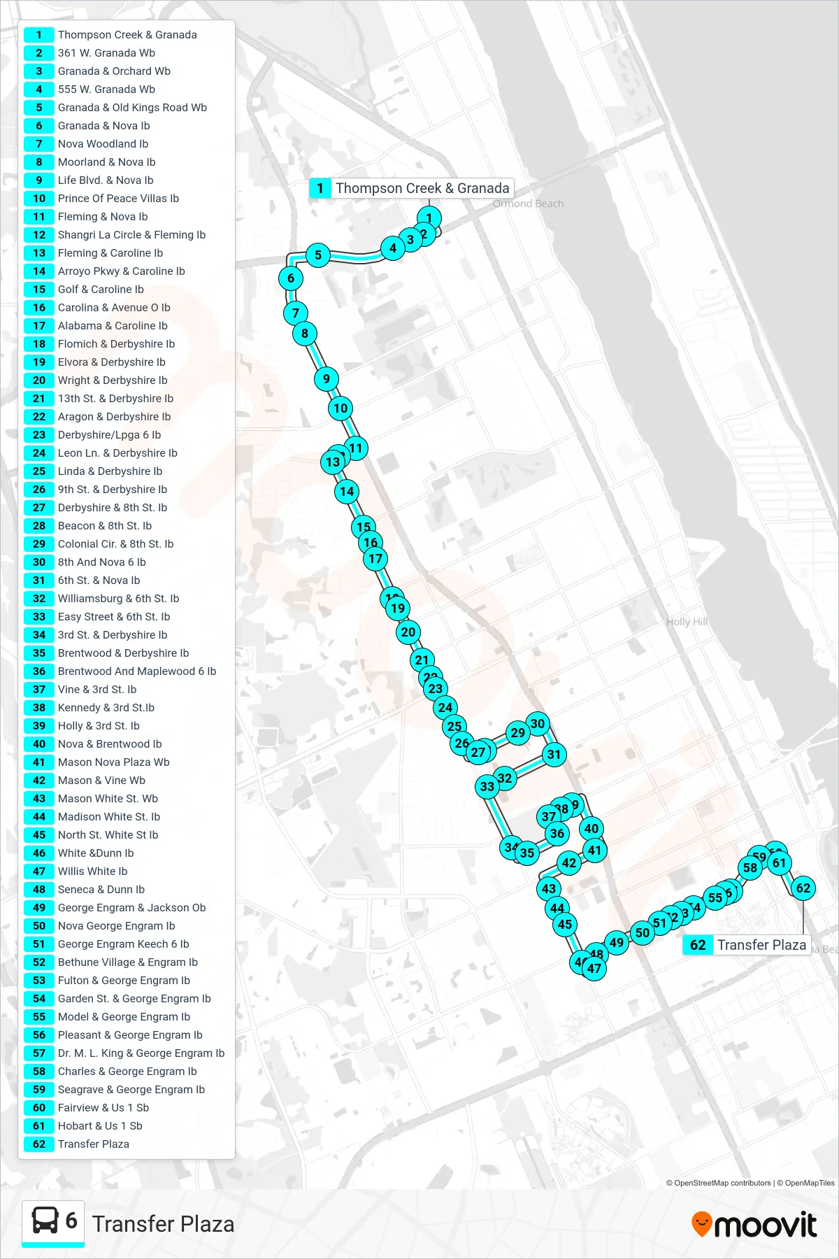 6 bus Line (Transfer Plaza) route and stops on a map