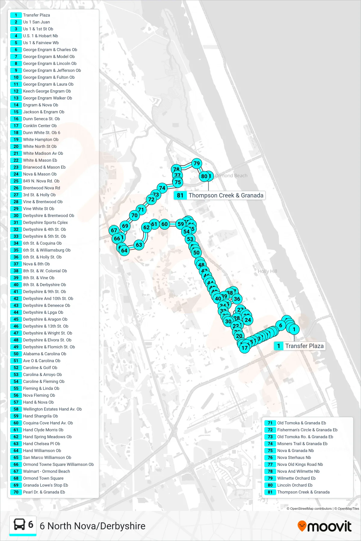 6 bus Line (6 North Nova/Derbyshire) route and stops on a map