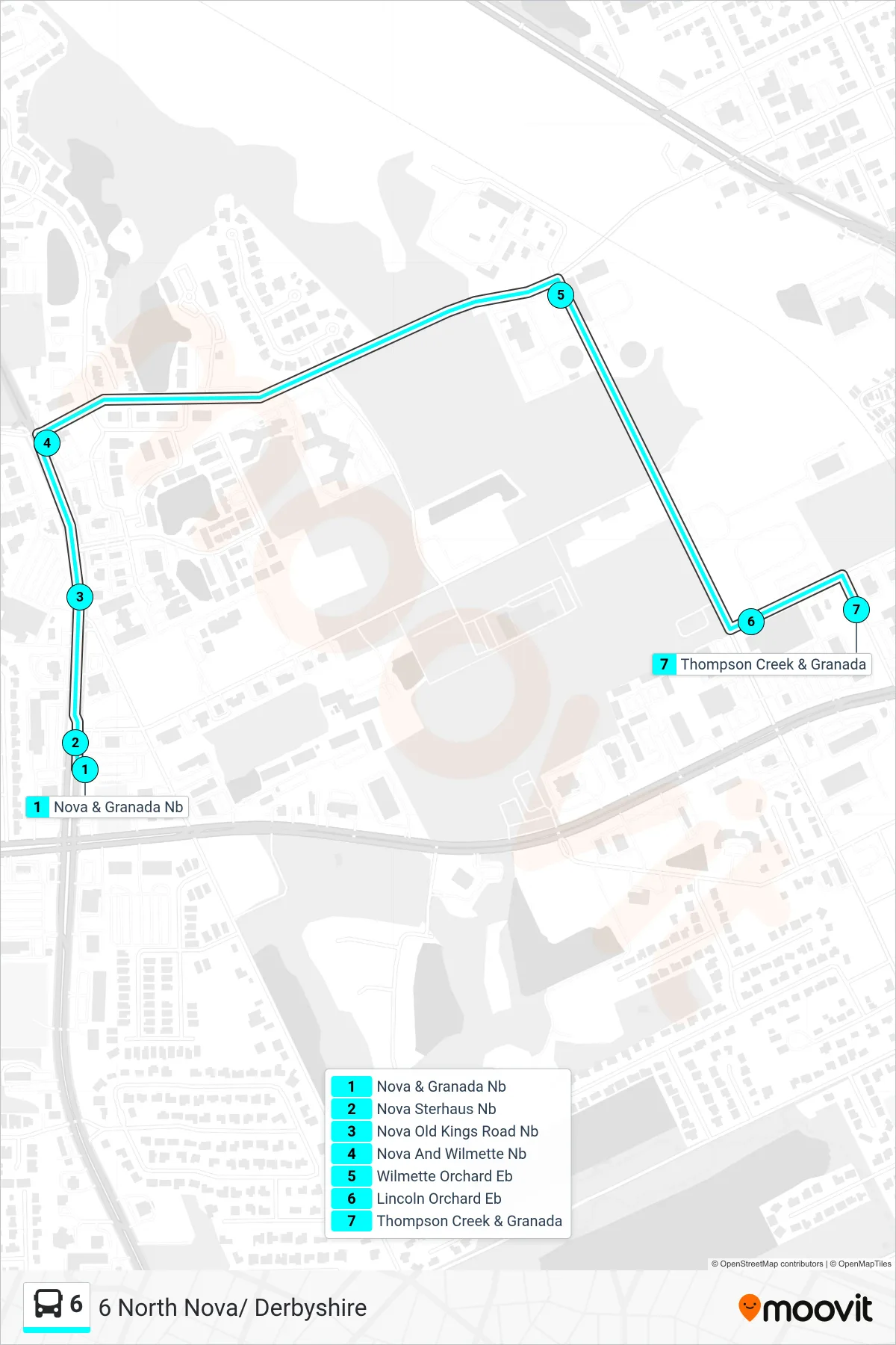 6 bus Line (6 North Nova/ Derbyshire) route and stops on a map