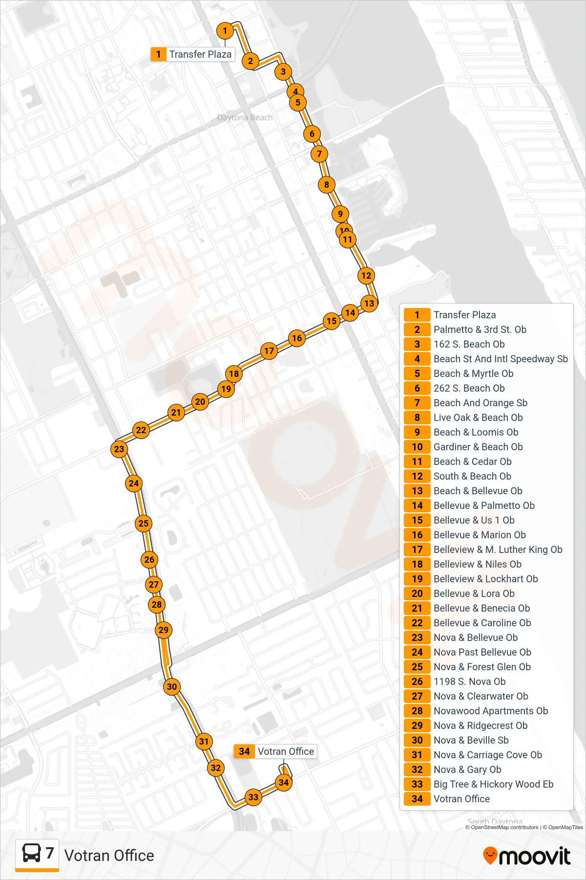 7 bus Line (Votran Office) route and stops on a map