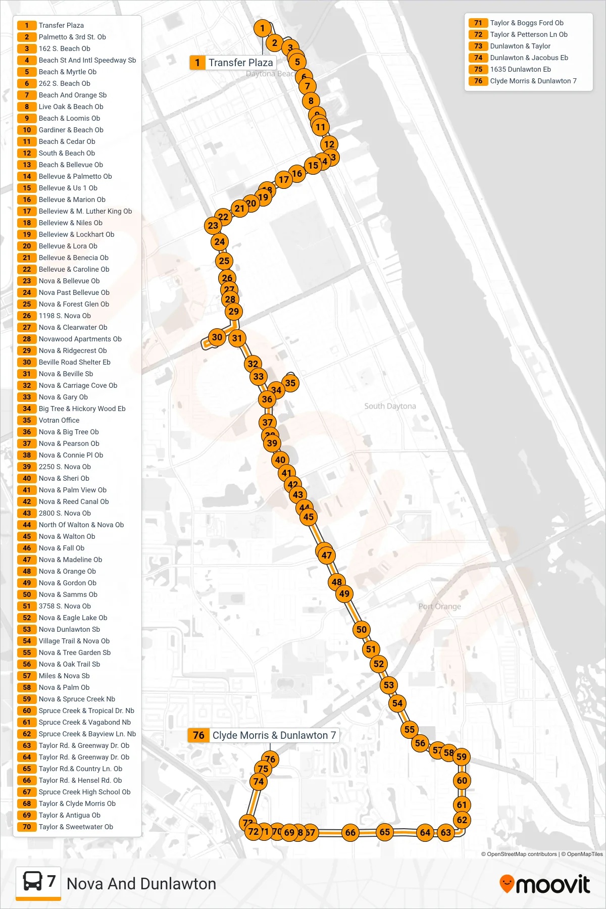 7 bus Line (Nova And Dunlawton) route and stops on a map