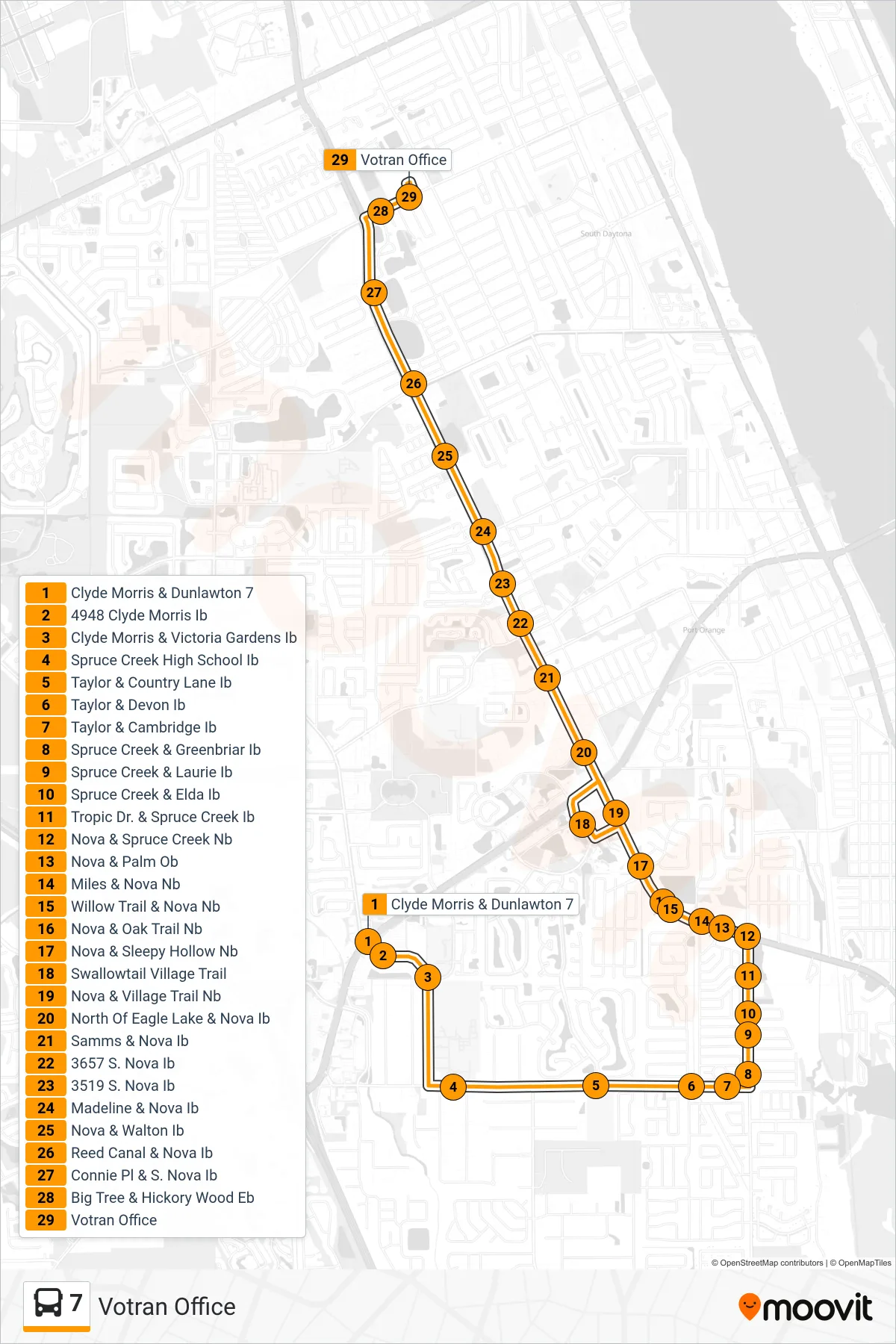 7 bus Line (Votran Office) route and stops on a map