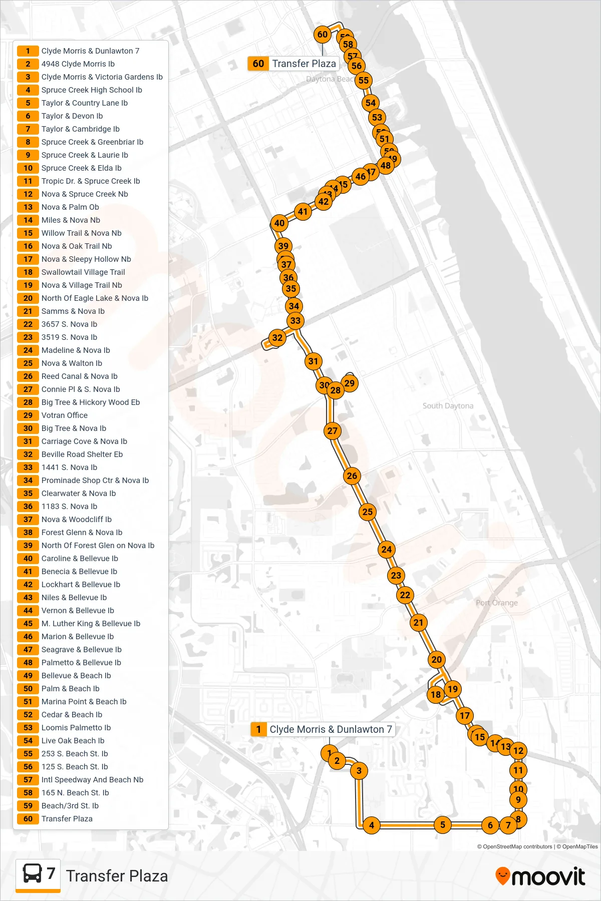 7 bus Line (Transfer Plaza) route and stops on a map