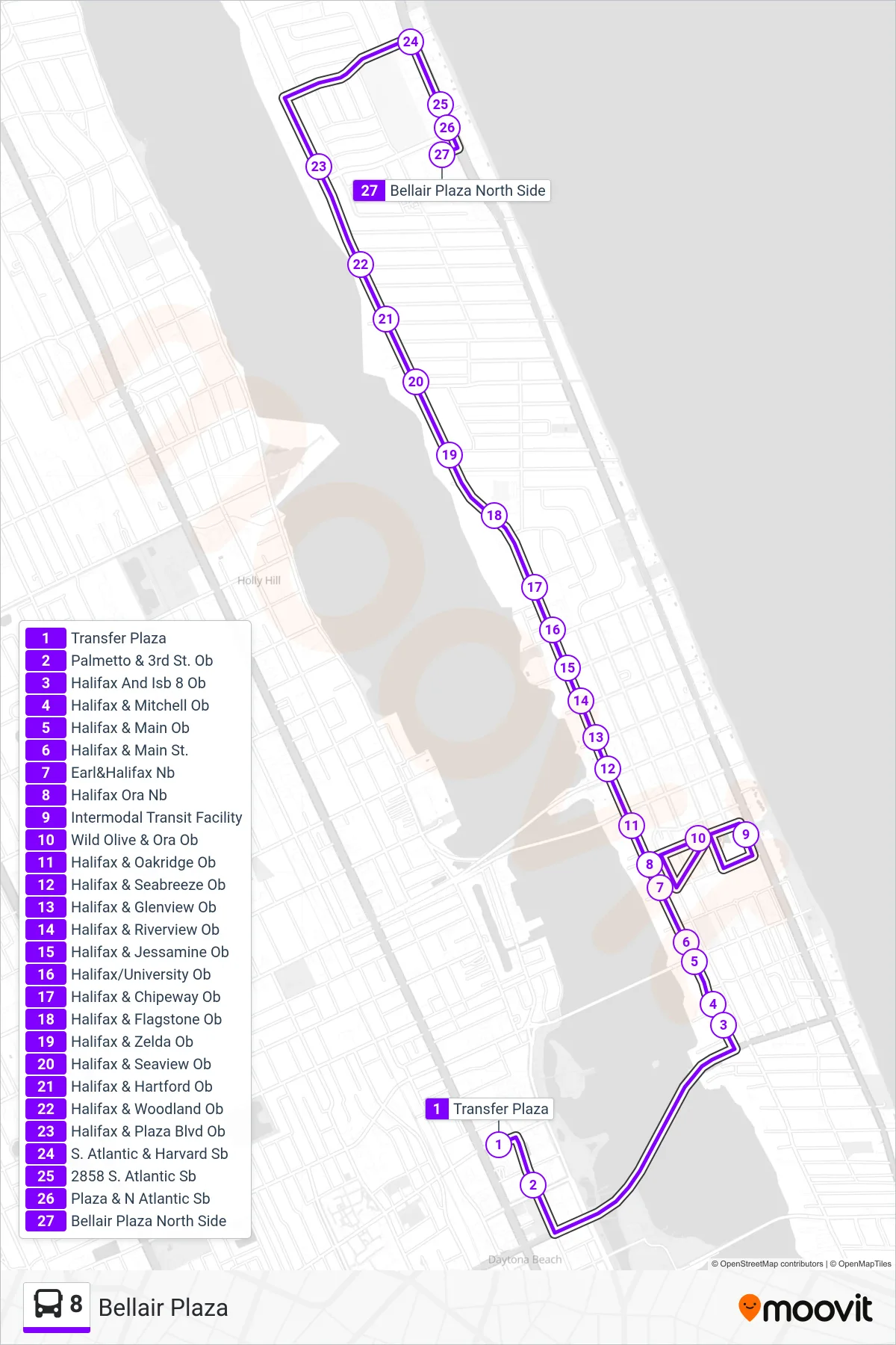 8 bus Line (Bellair Plaza) route and stops on a map