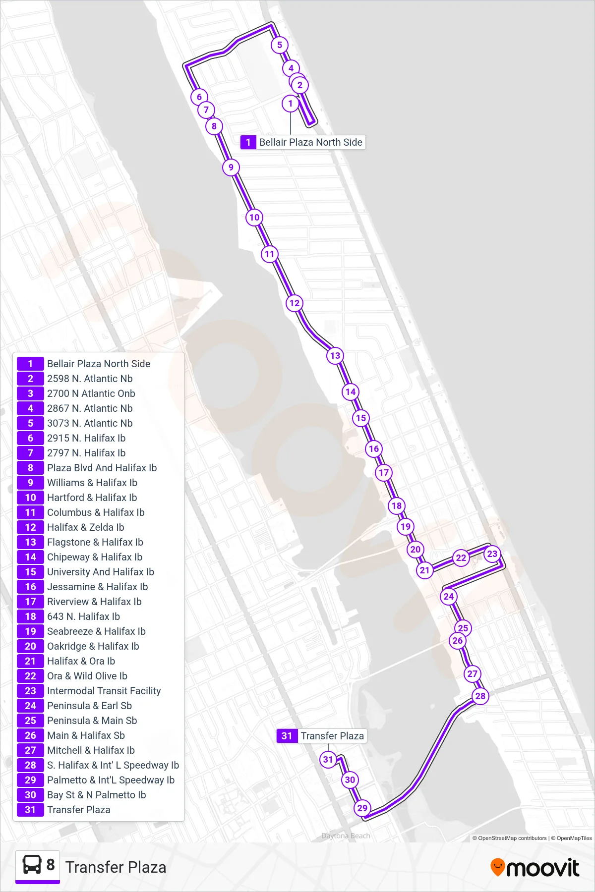 8 bus Line (Transfer Plaza) route and stops on a map