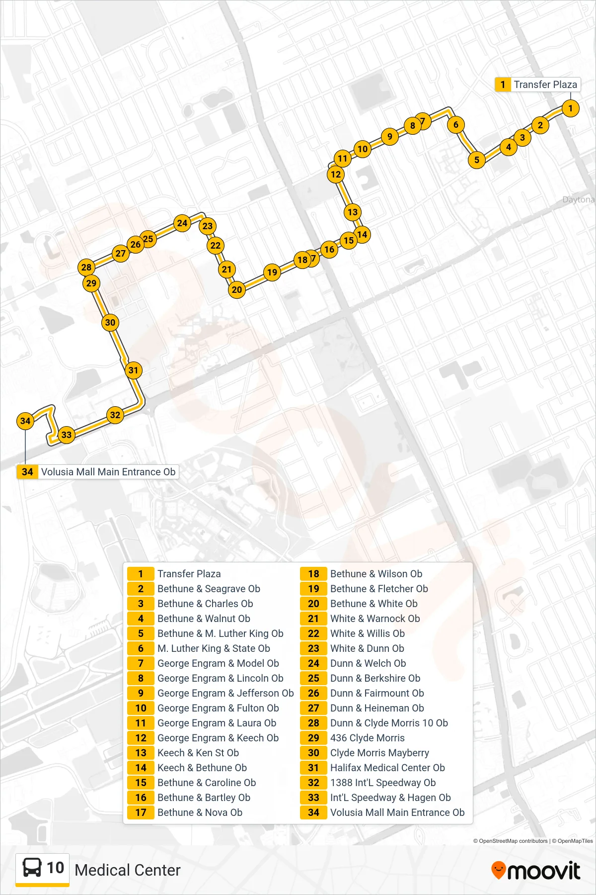 10 bus Line (Volusia Mall) route and stops on a map