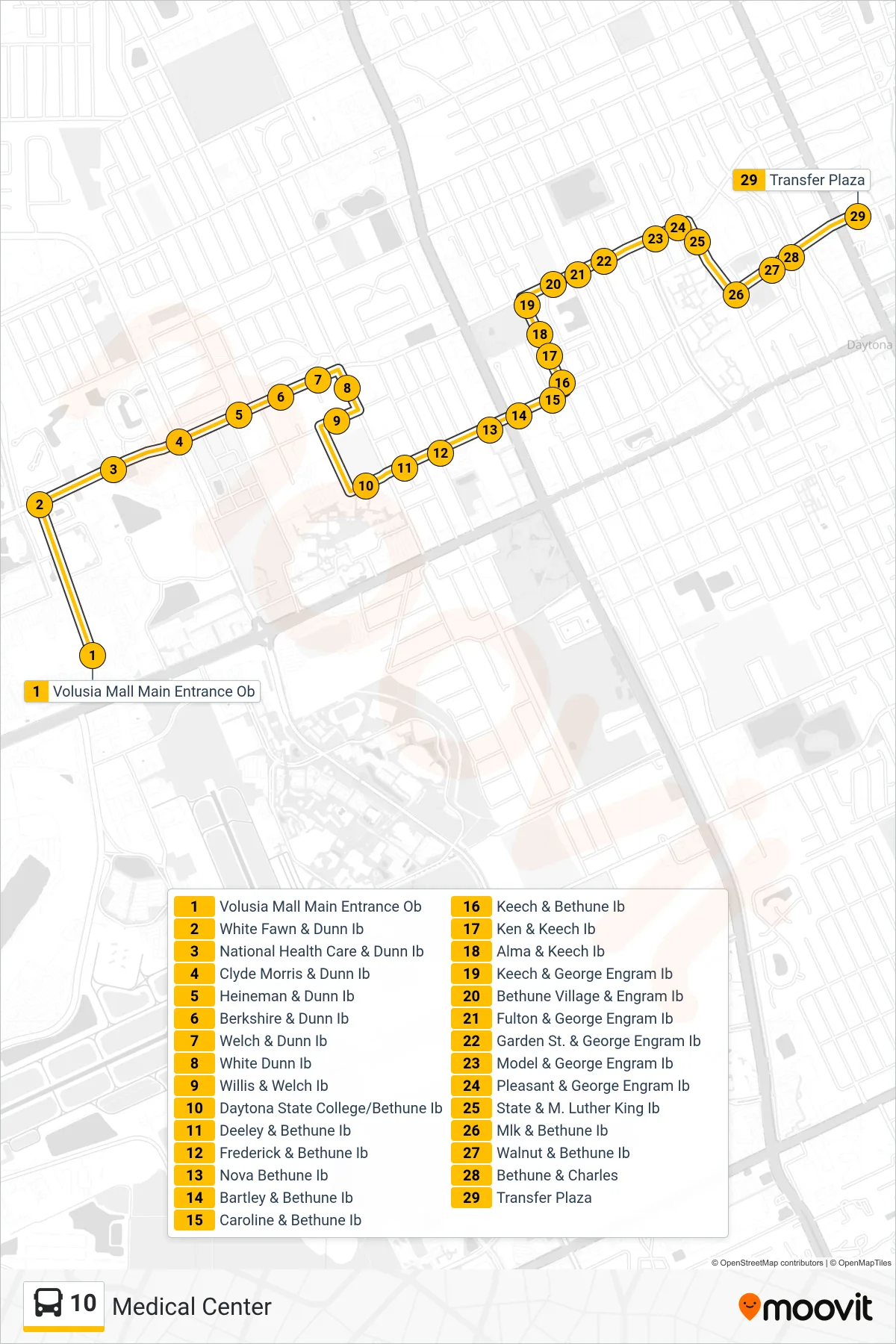 10 bus Line (Transfer Plaza) route and stops on a map