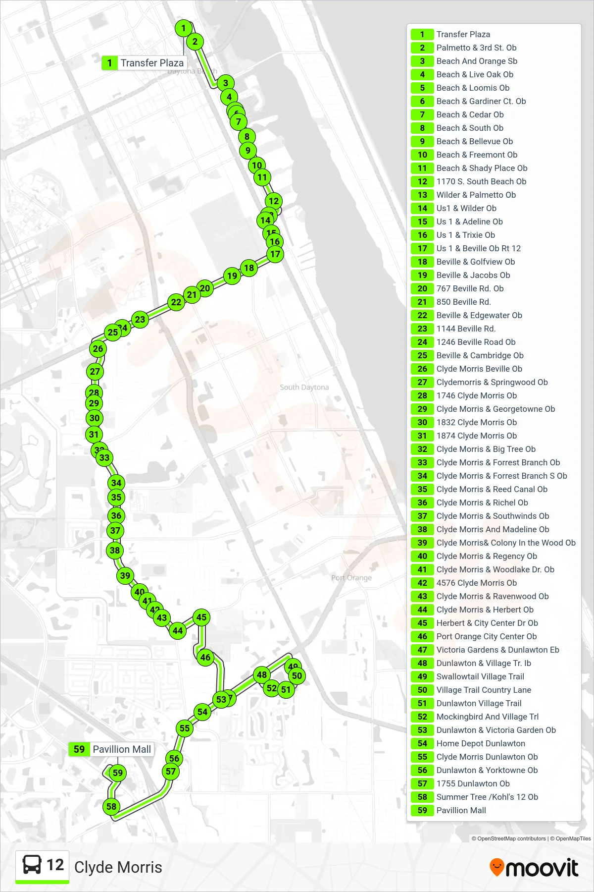 12 bus Line (Pavillion Mall) route and stops on a map