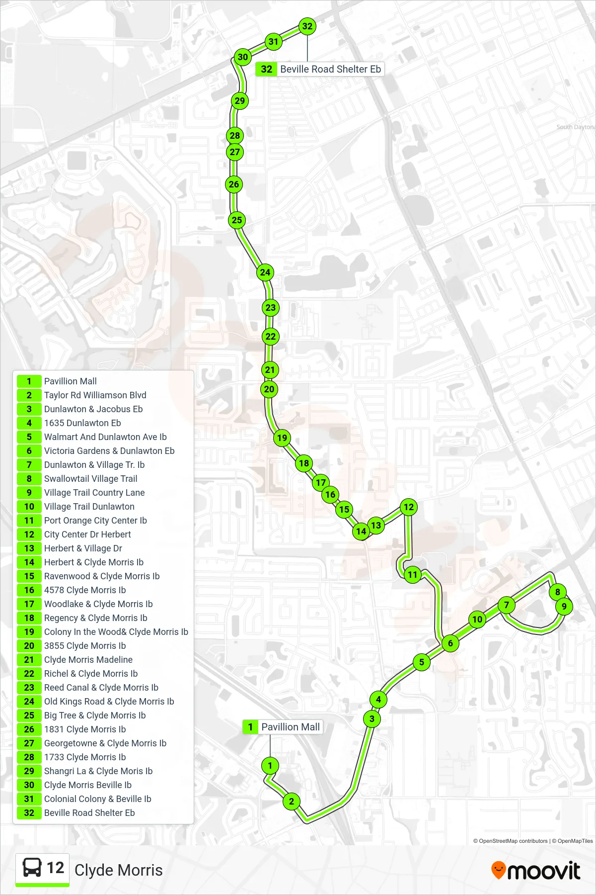 12 bus Line (Votran Office) route and stops on a map