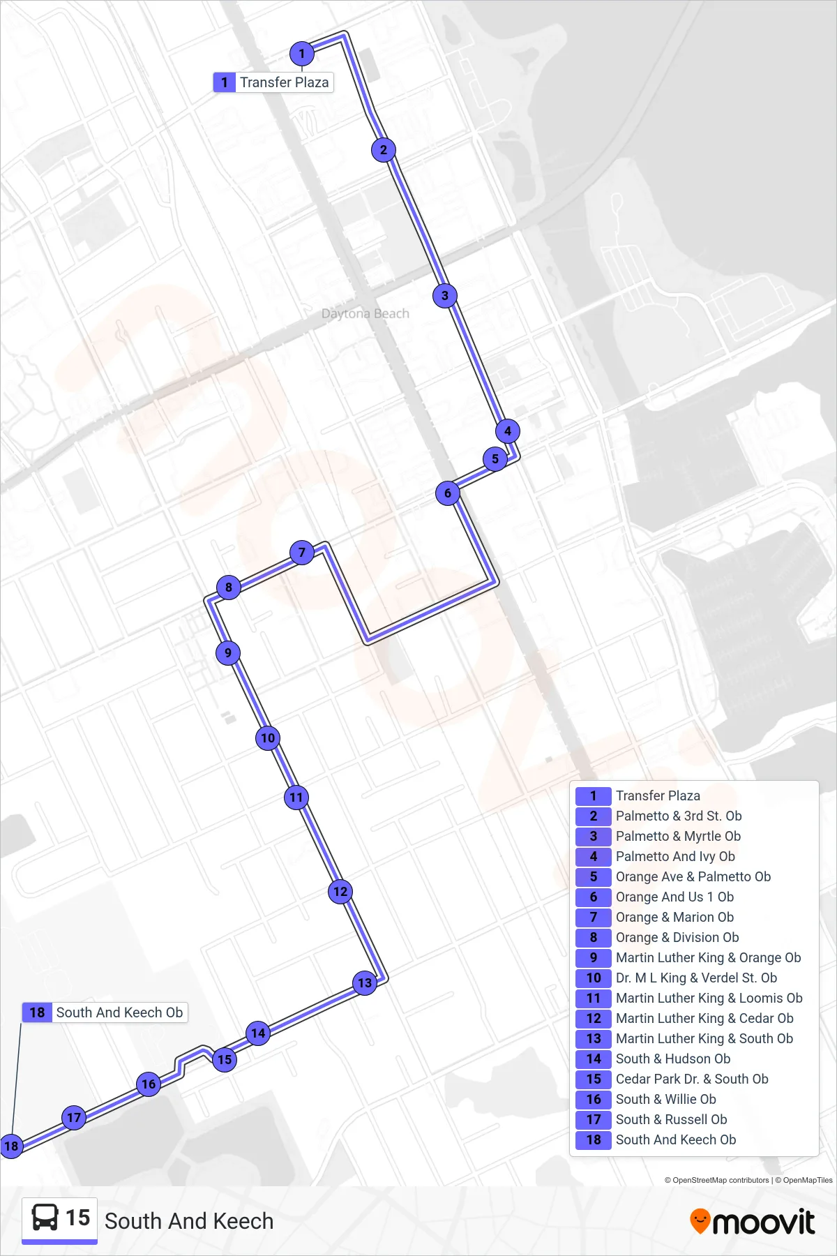 15 bus Line (South And Keech) route and stops on a map