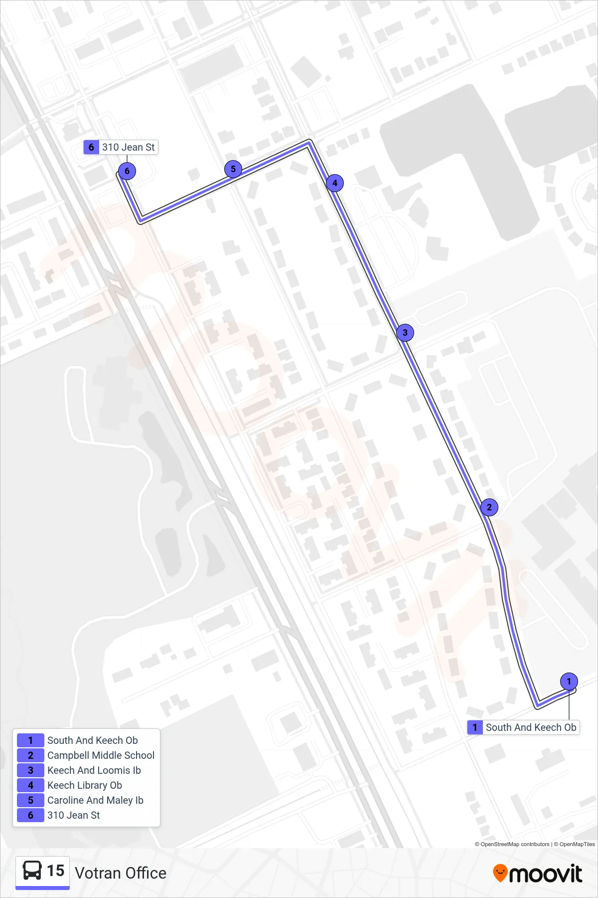 15 bus Line (Votran Office) route and stops on a map