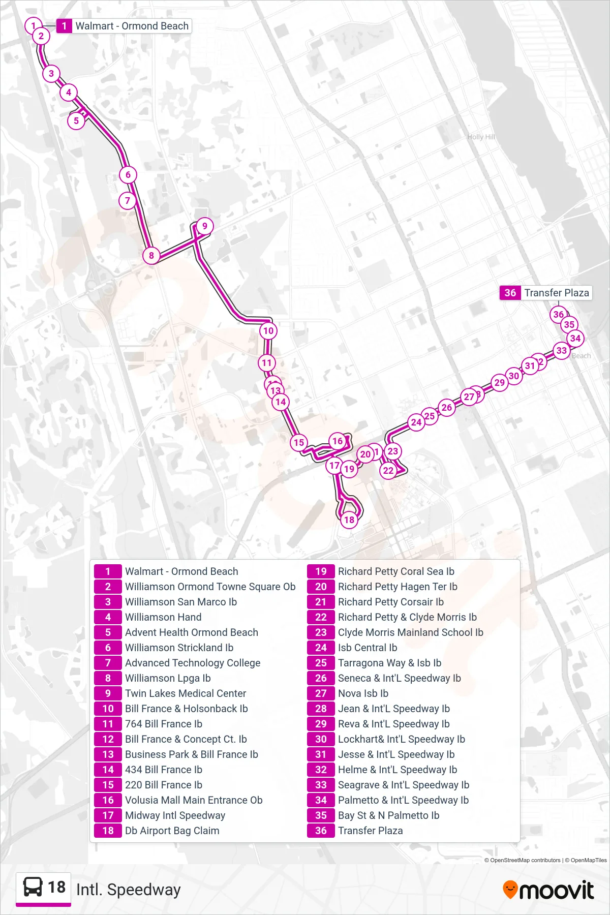 18 bus Line (18 Transfer Plaza) route and stops on a map