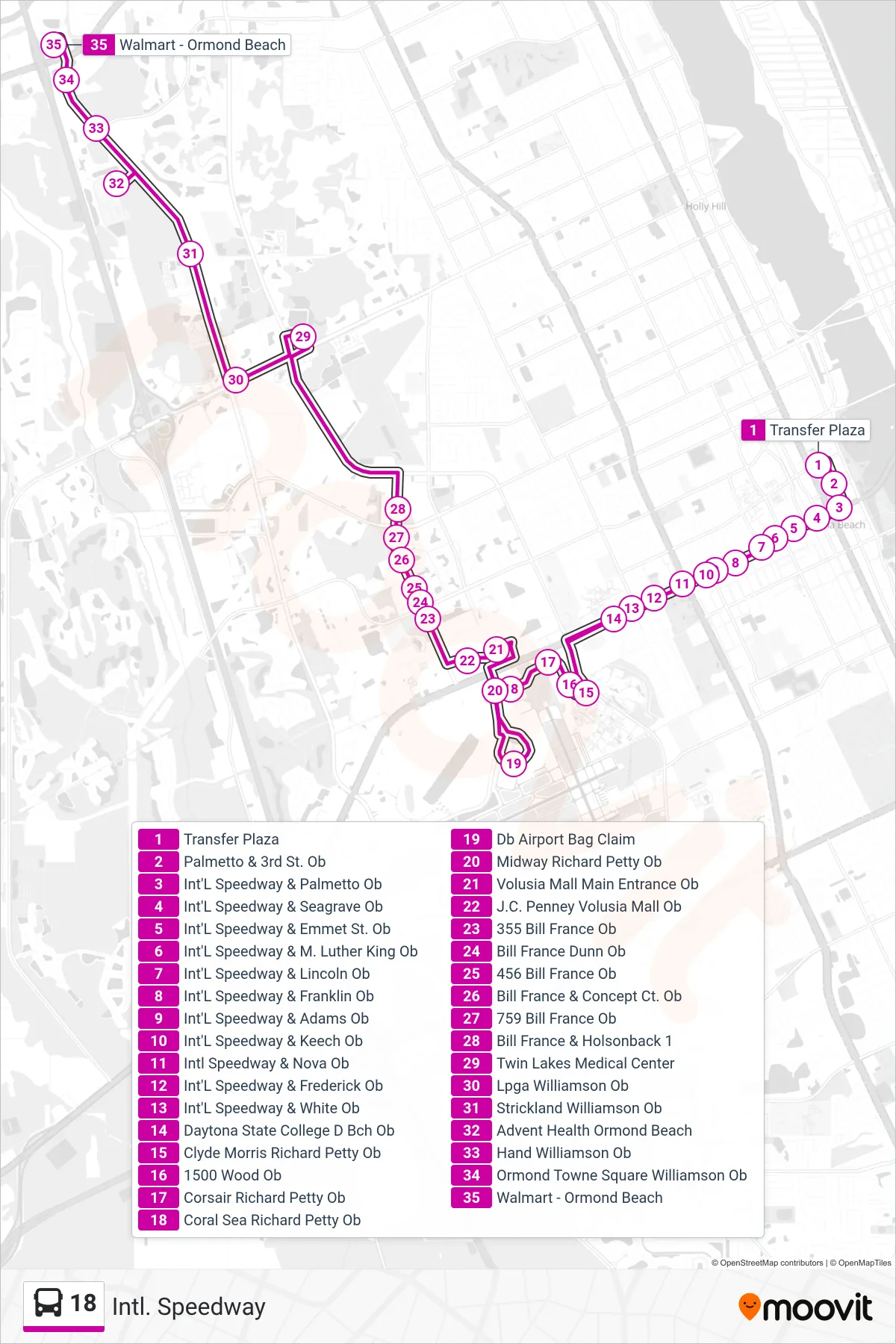 18 bus Line (18 Int'L Speedway/Williamson) route and stops on a map