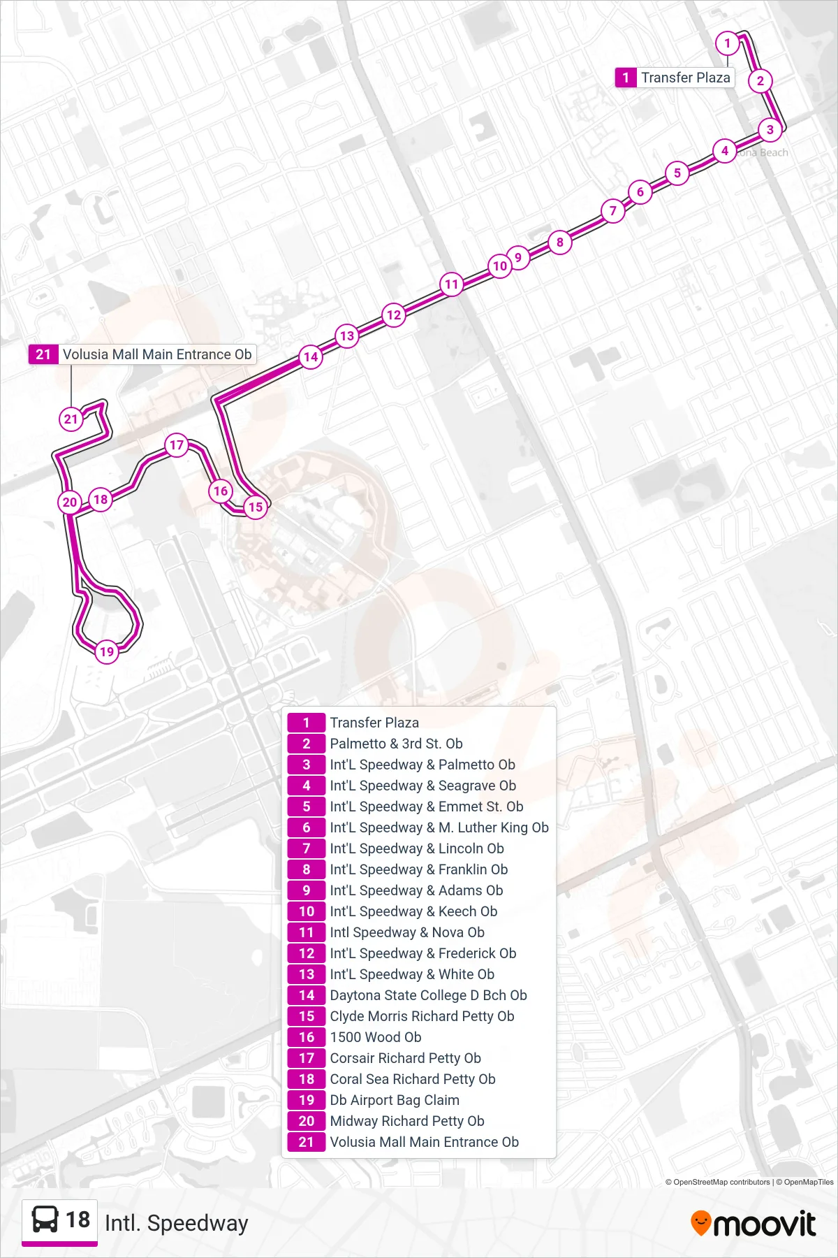 18 bus Line (18 Volusia Mall) route and stops on a map