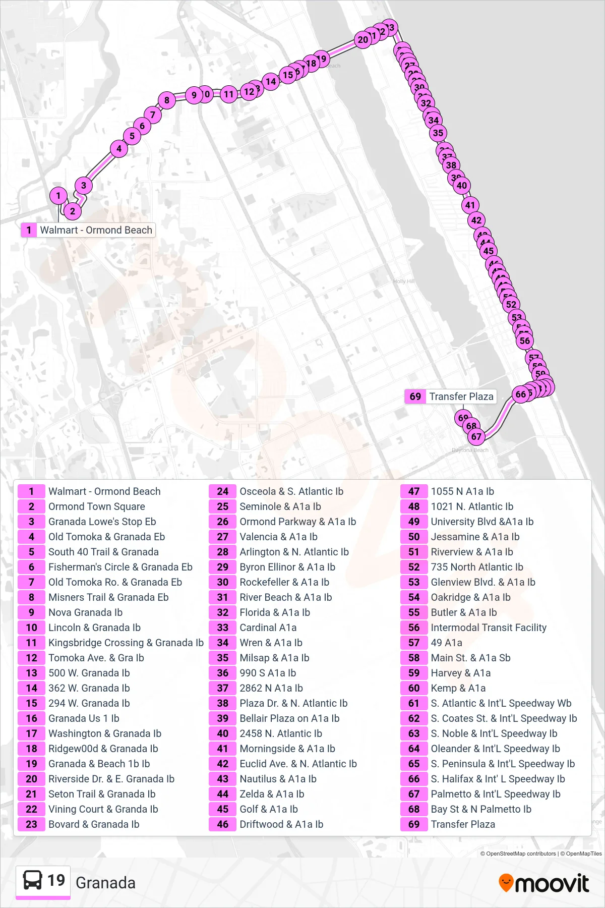 19 bus Line (19 Transfer Plaza) route and stops on a map
