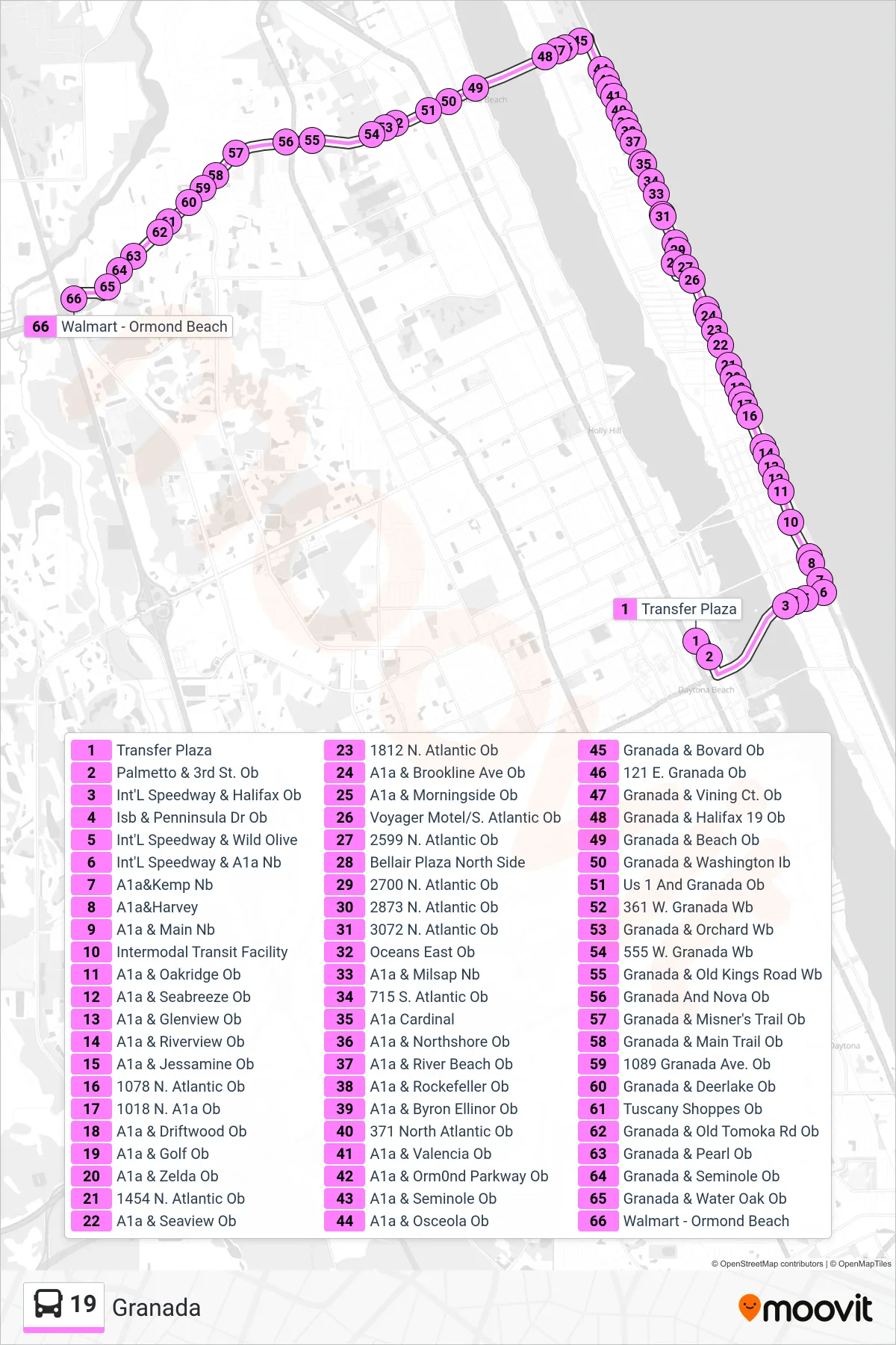 19 bus Line (19 Ormond Walmart) route and stops on a map