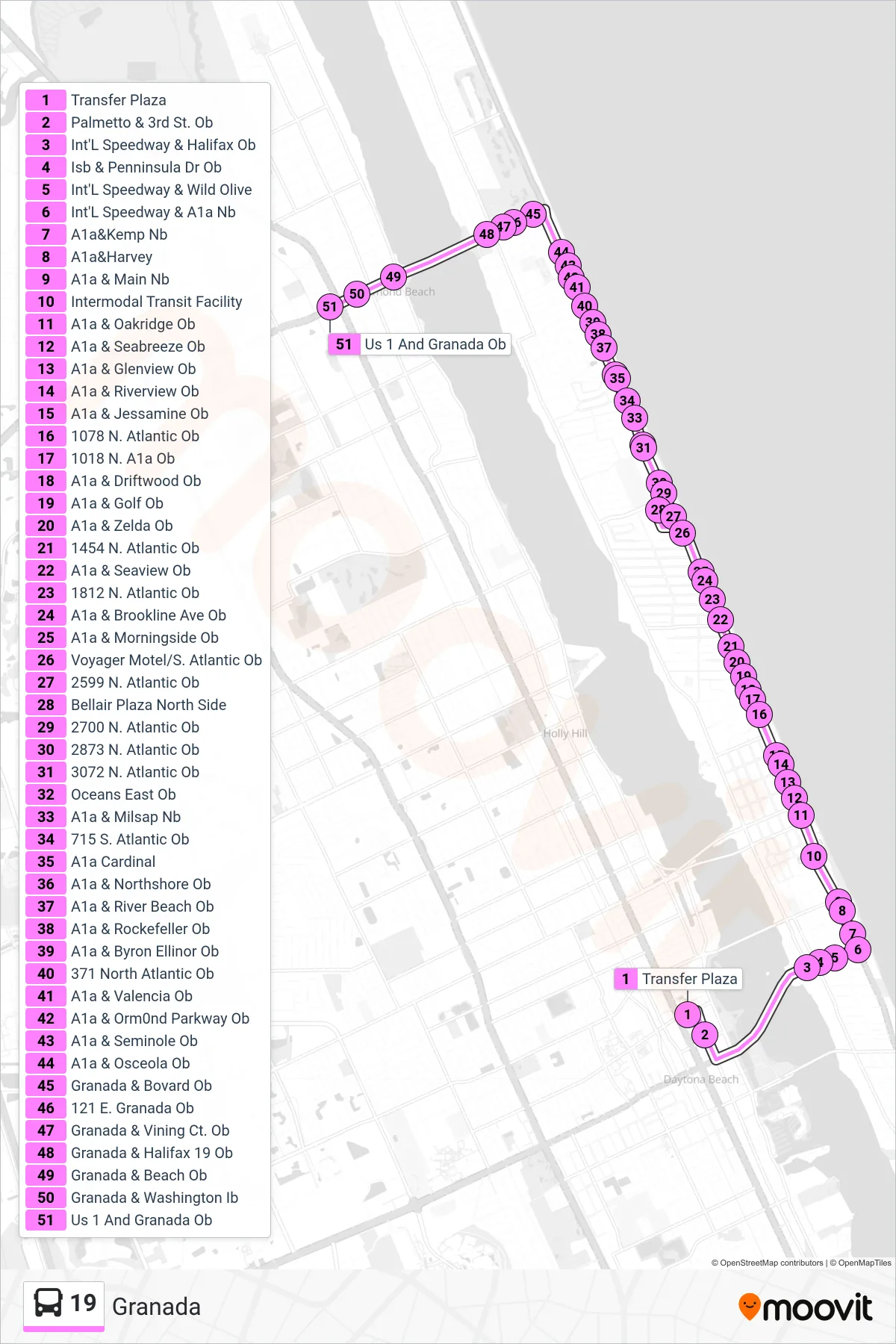 19 bus Line (19 Granada/Us1) route and stops on a map