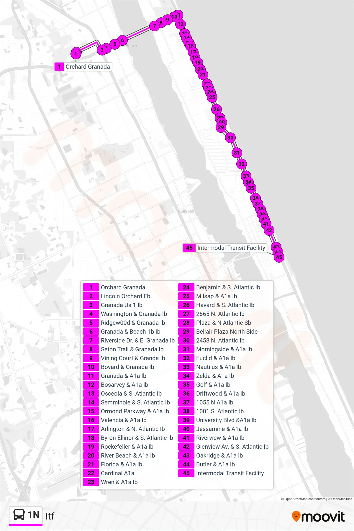 1N bus Line (Itf) route and stops on a map