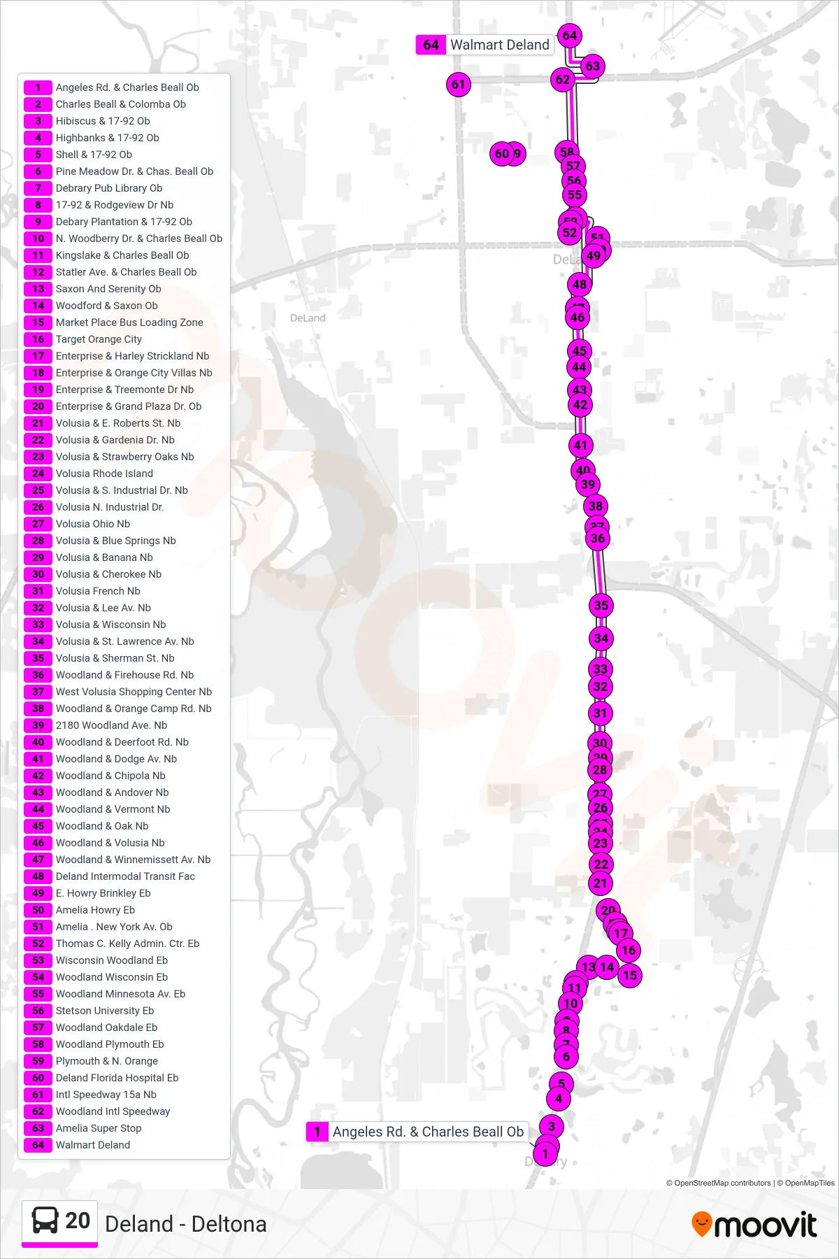 20 bus Line (20 Deland Walmart) route and stops on a map