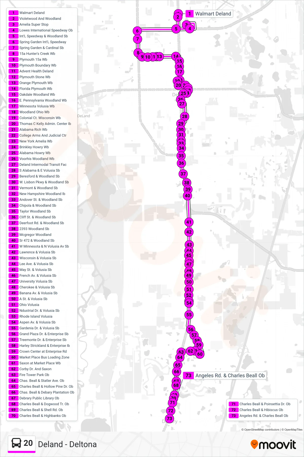 20 bus Line (20 Debary) route and stops on a map