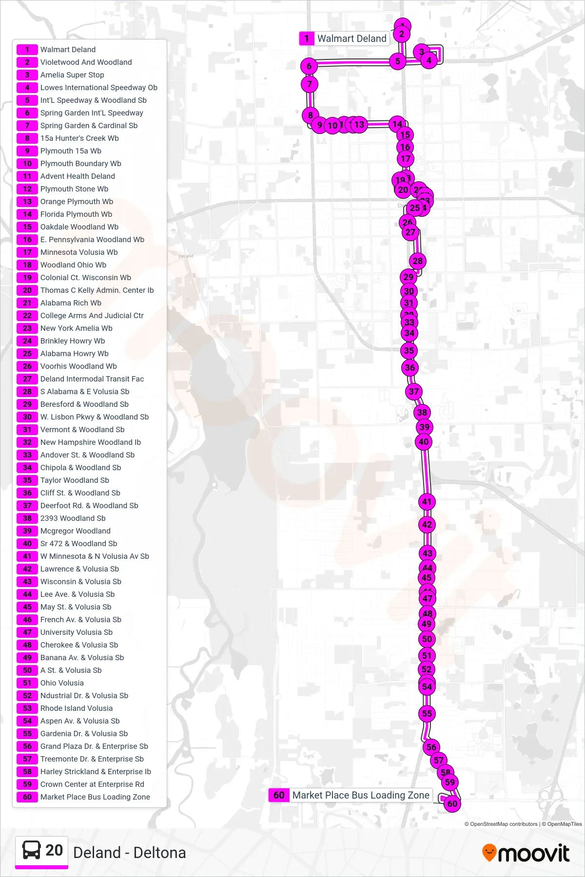 20 bus Line (20 Orange City) route and stops on a map