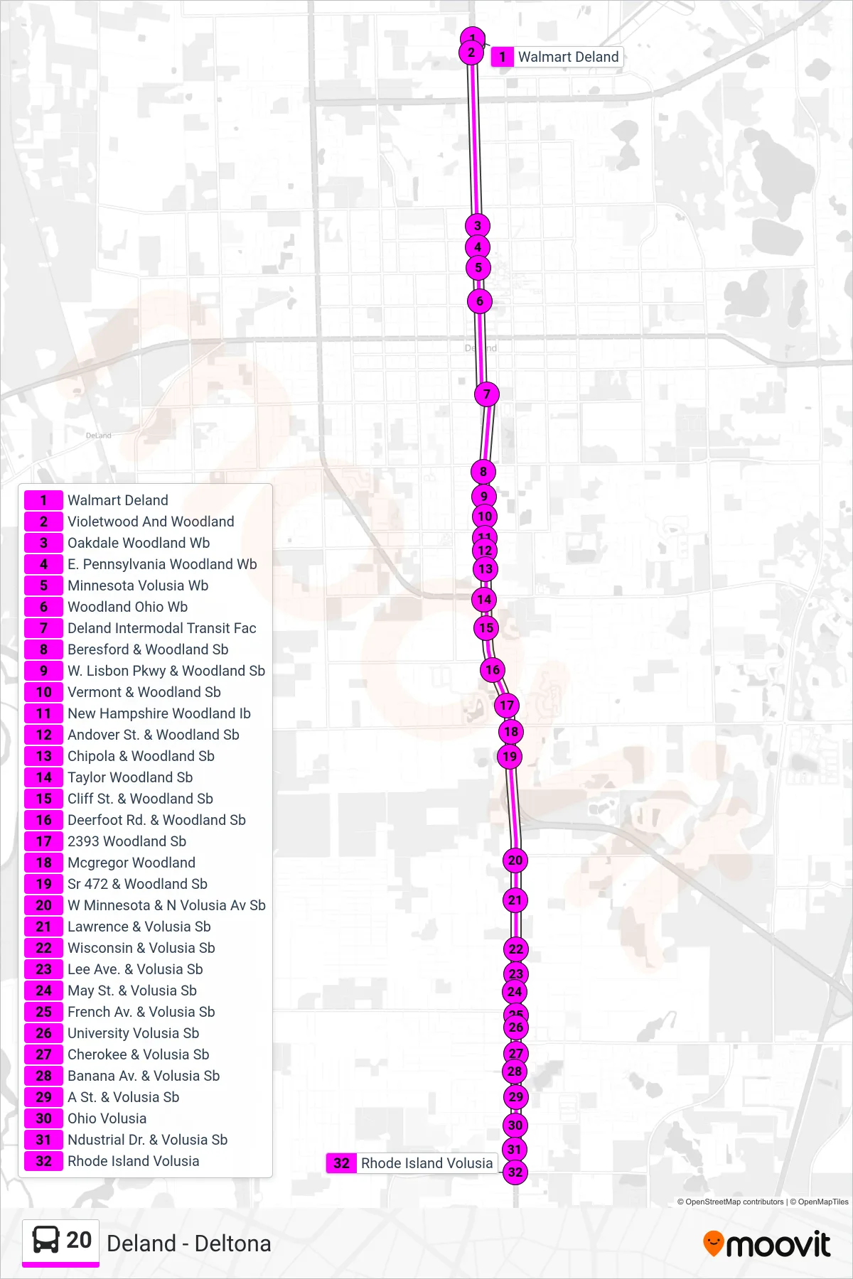 20 bus Line (20 Rhode Island Ave) route and stops on a map