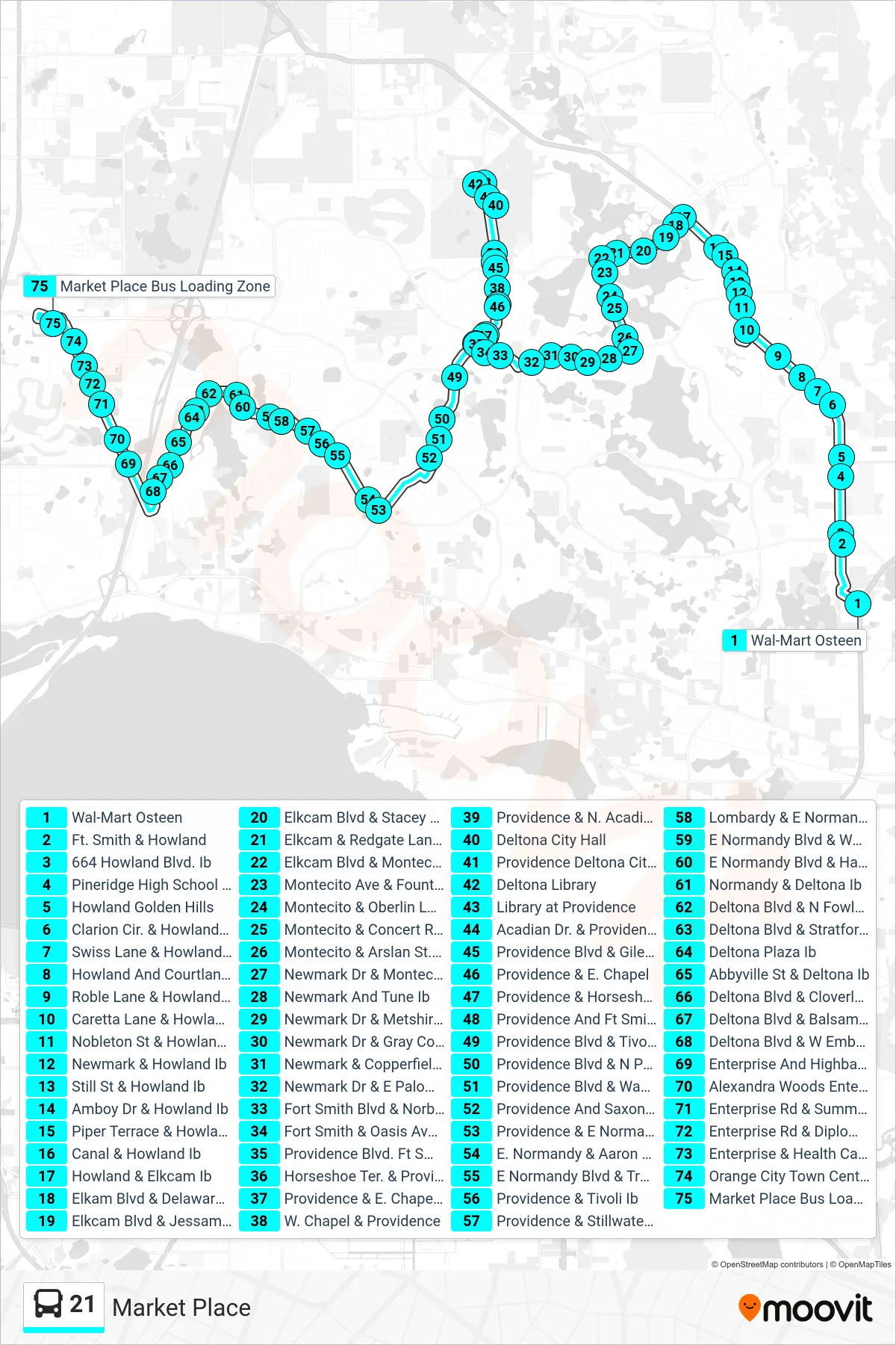 21 bus Line (Market Place) route and stops on a map