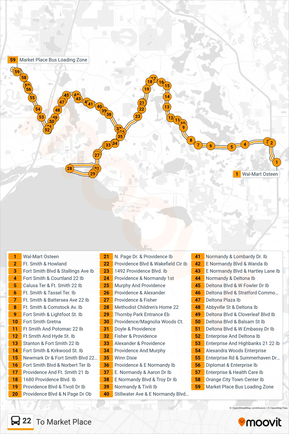 22 bus Line (To Market Place) route and stops on a map