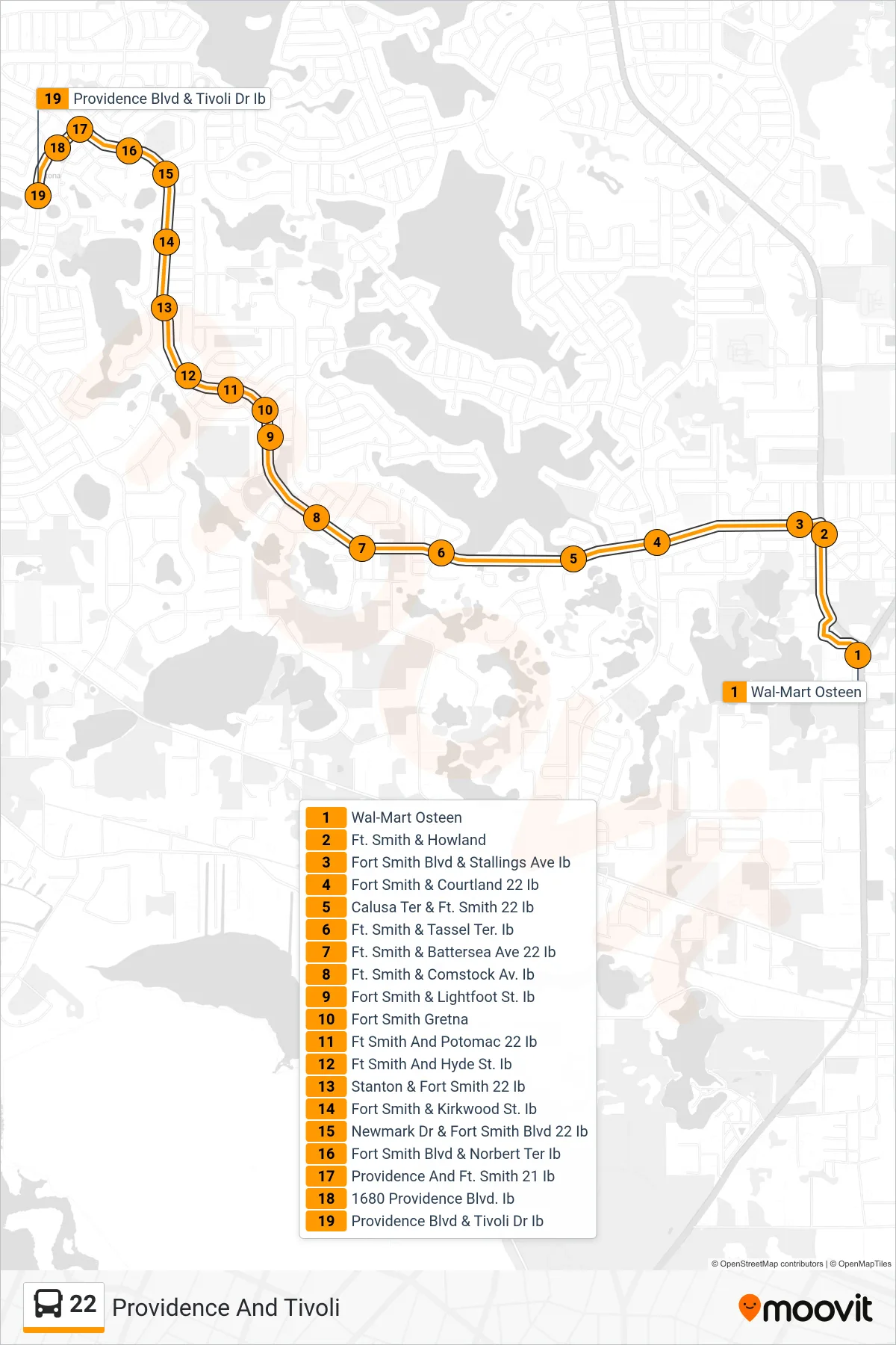22 bus Line (Providence And Tivoli) route and stops on a map