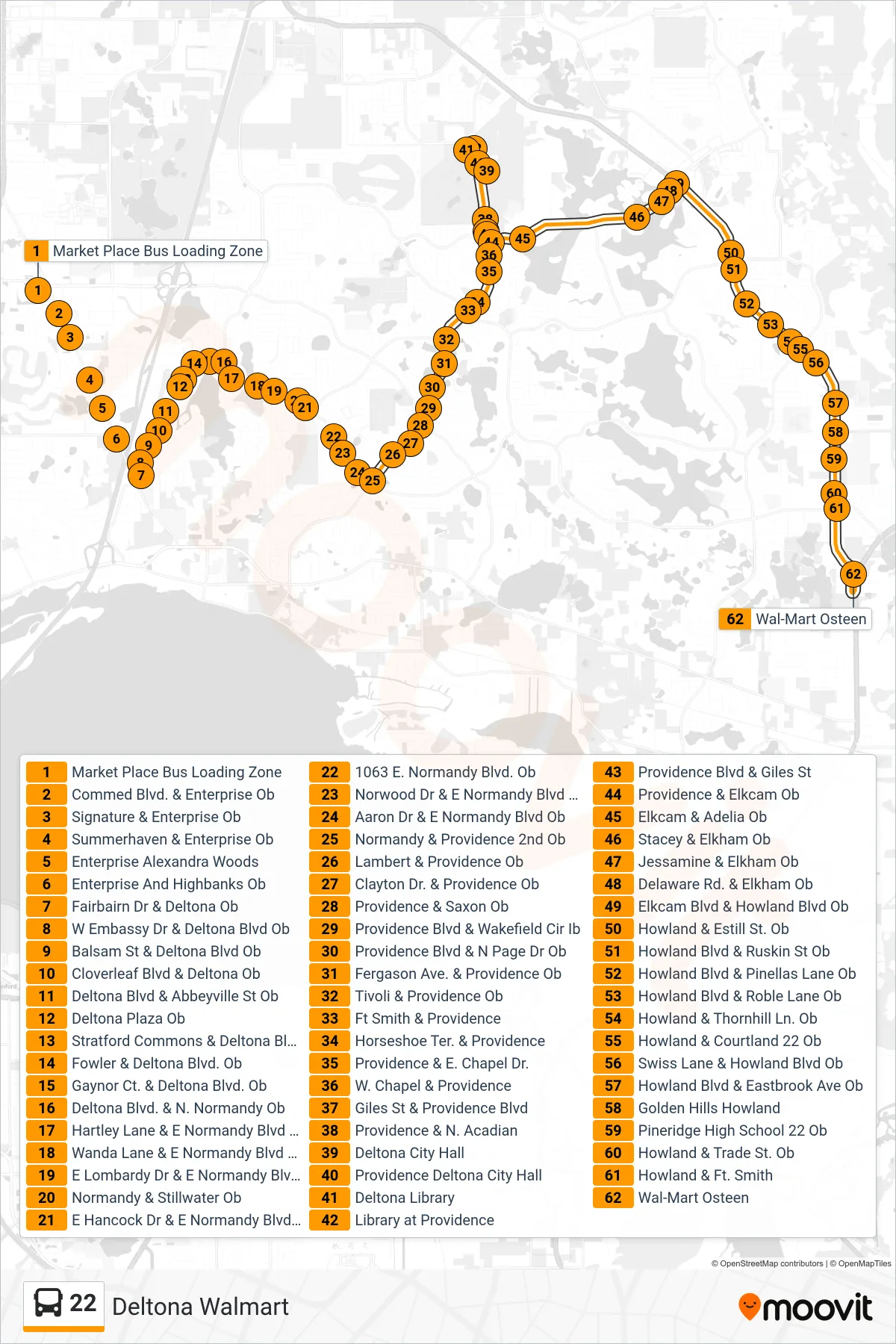 22 bus Line (Deltona Walmart) route and stops on a map