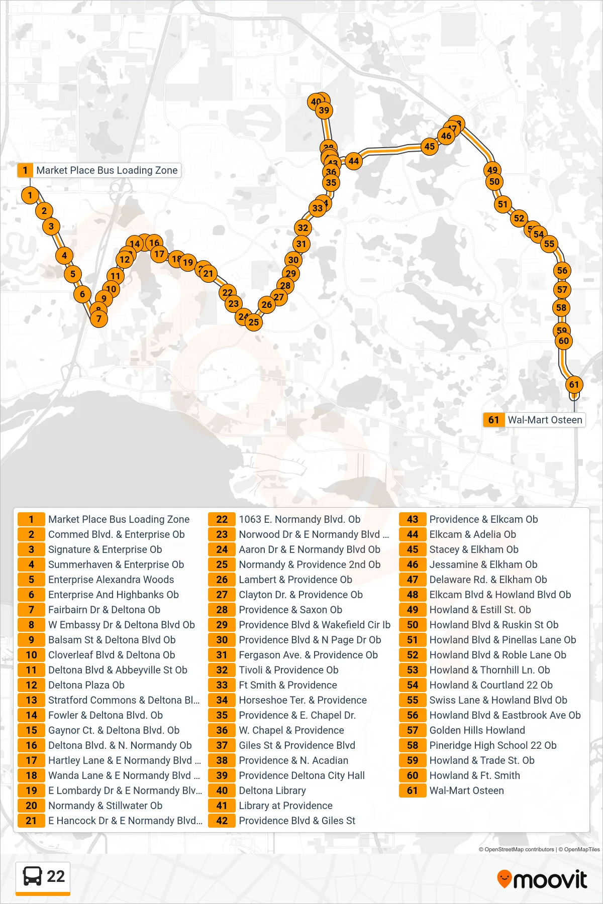 22 bus Line route and stops on a map