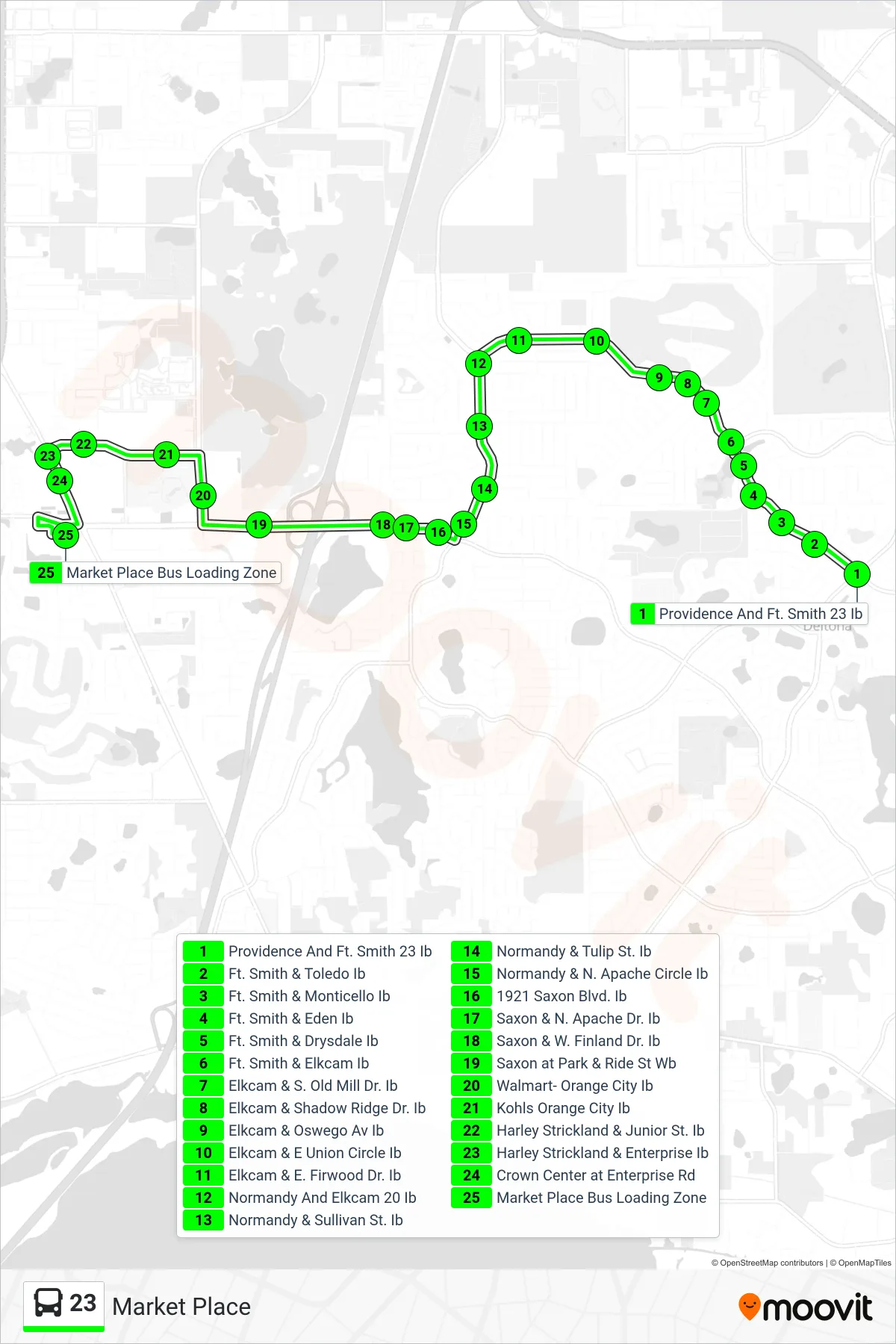 23 bus Line (Market Place) route and stops on a map