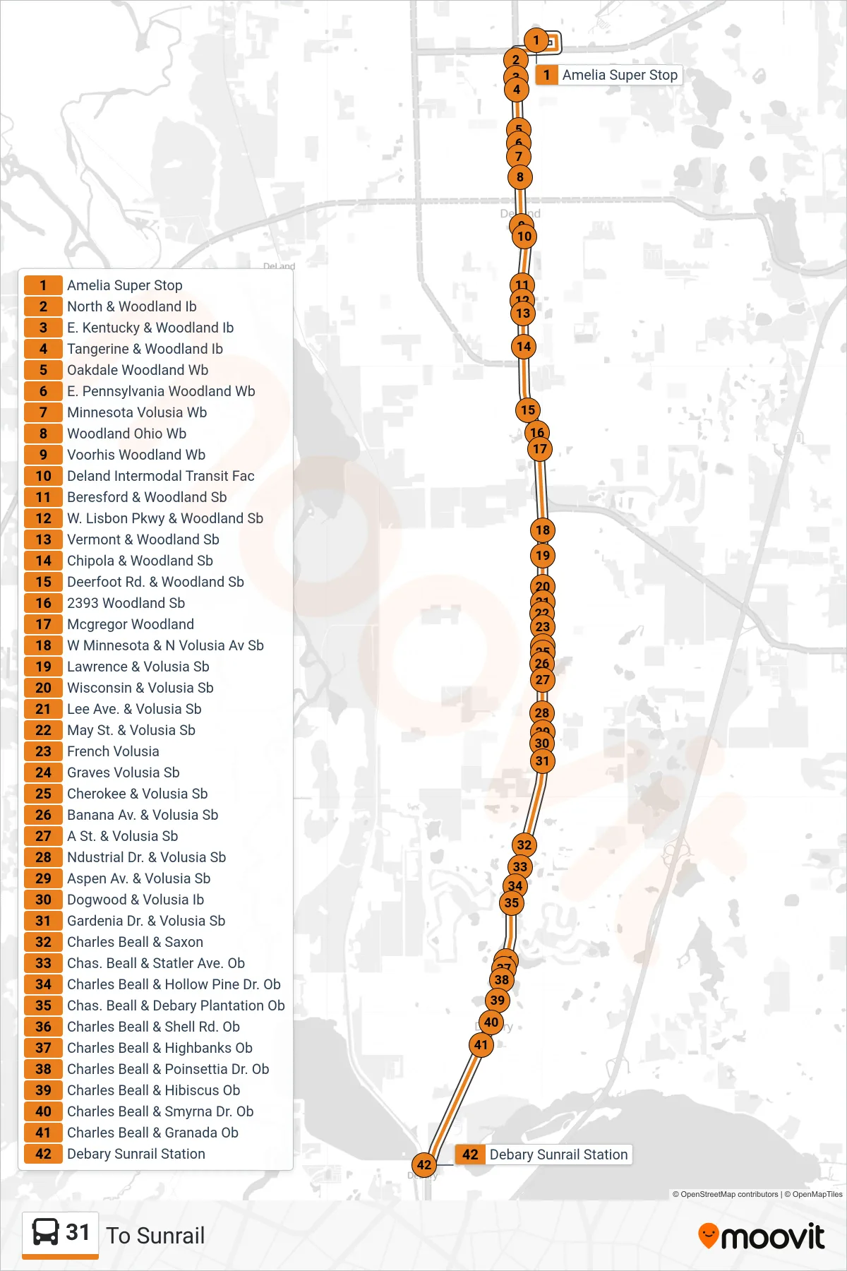 31 bus Line (To Sunrail) route and stops on a map