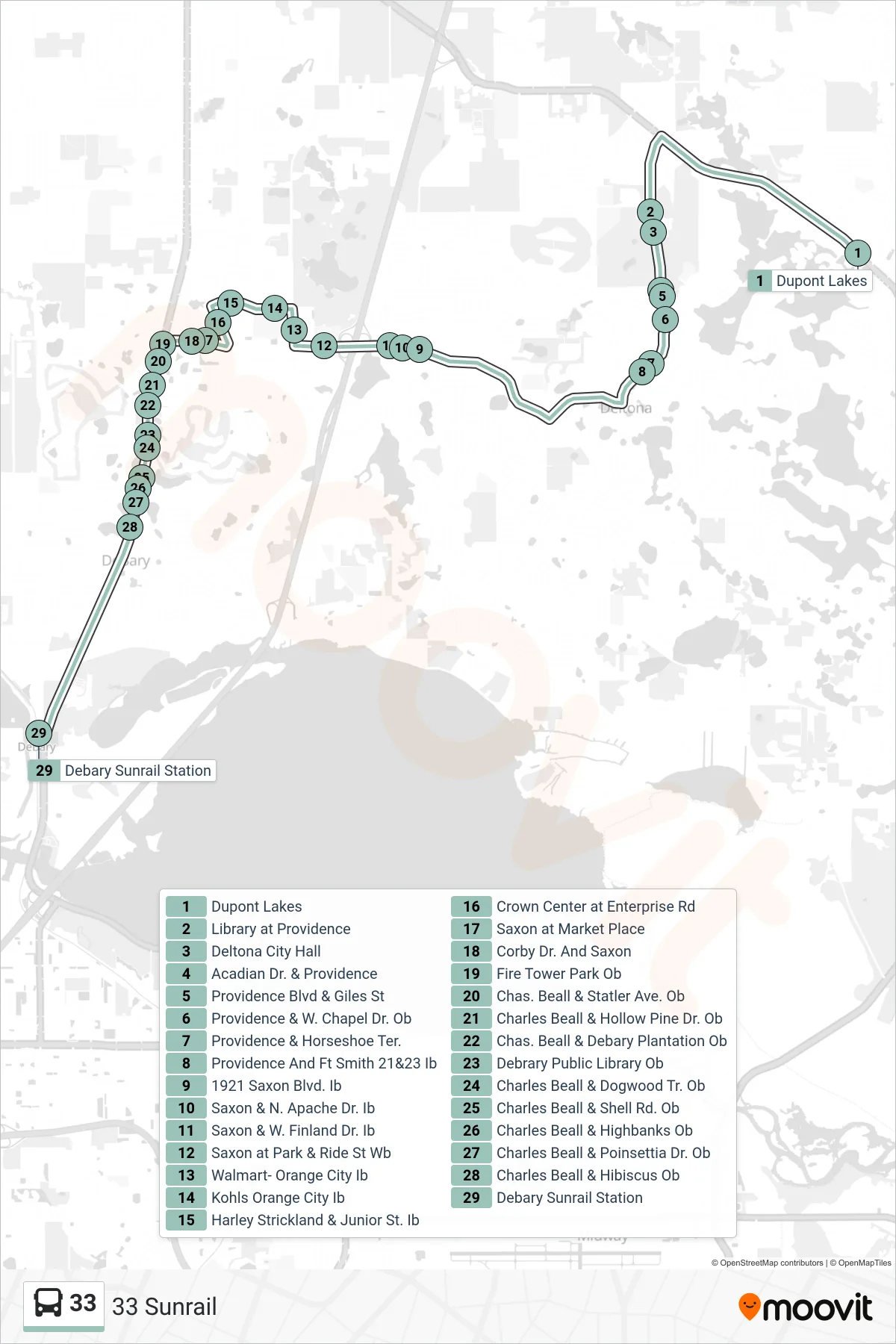 33 bus Line (33 Sunrail) route and stops on a map