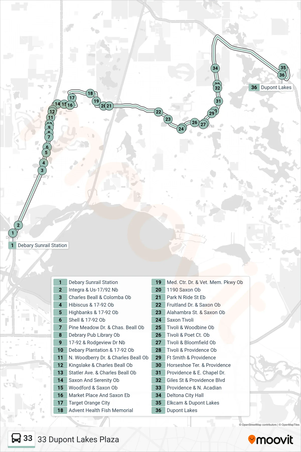 33 bus Line (33 Dupont Lakes Plaza) route and stops on a map