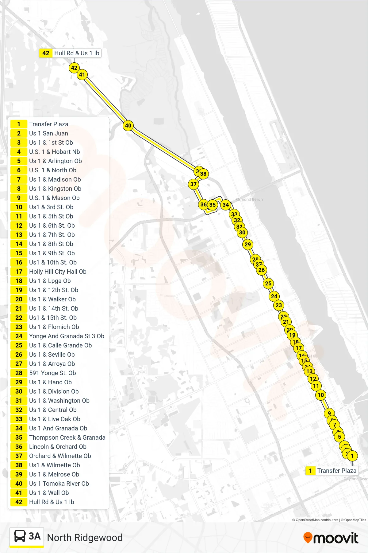 3A bus Line (Ormond Beach) route and stops on a map