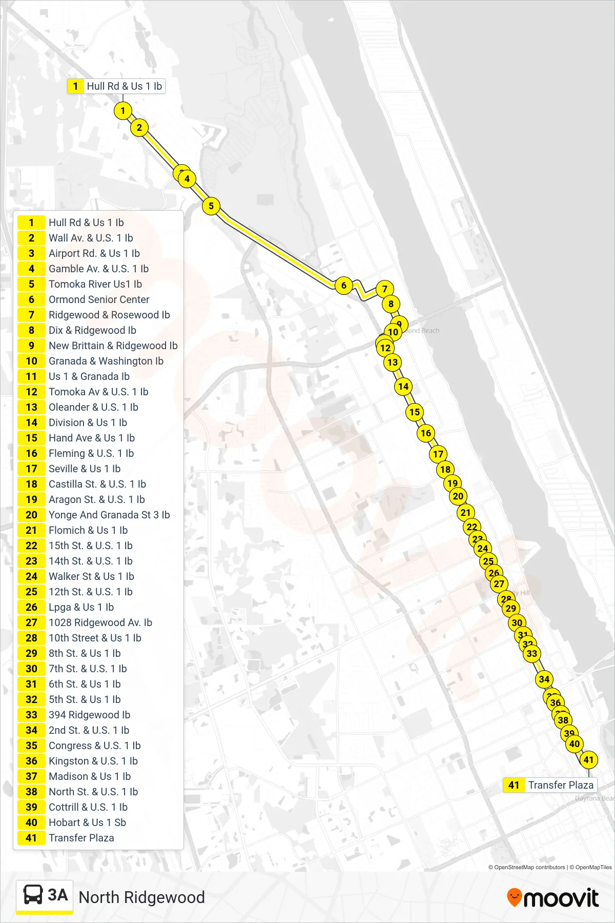 3A bus Line (Transfer Plaza) route and stops on a map