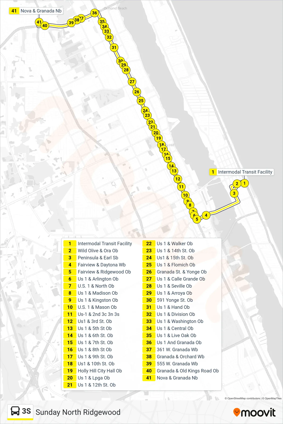 3S bus Line (Ormond Beach) route and stops on a map