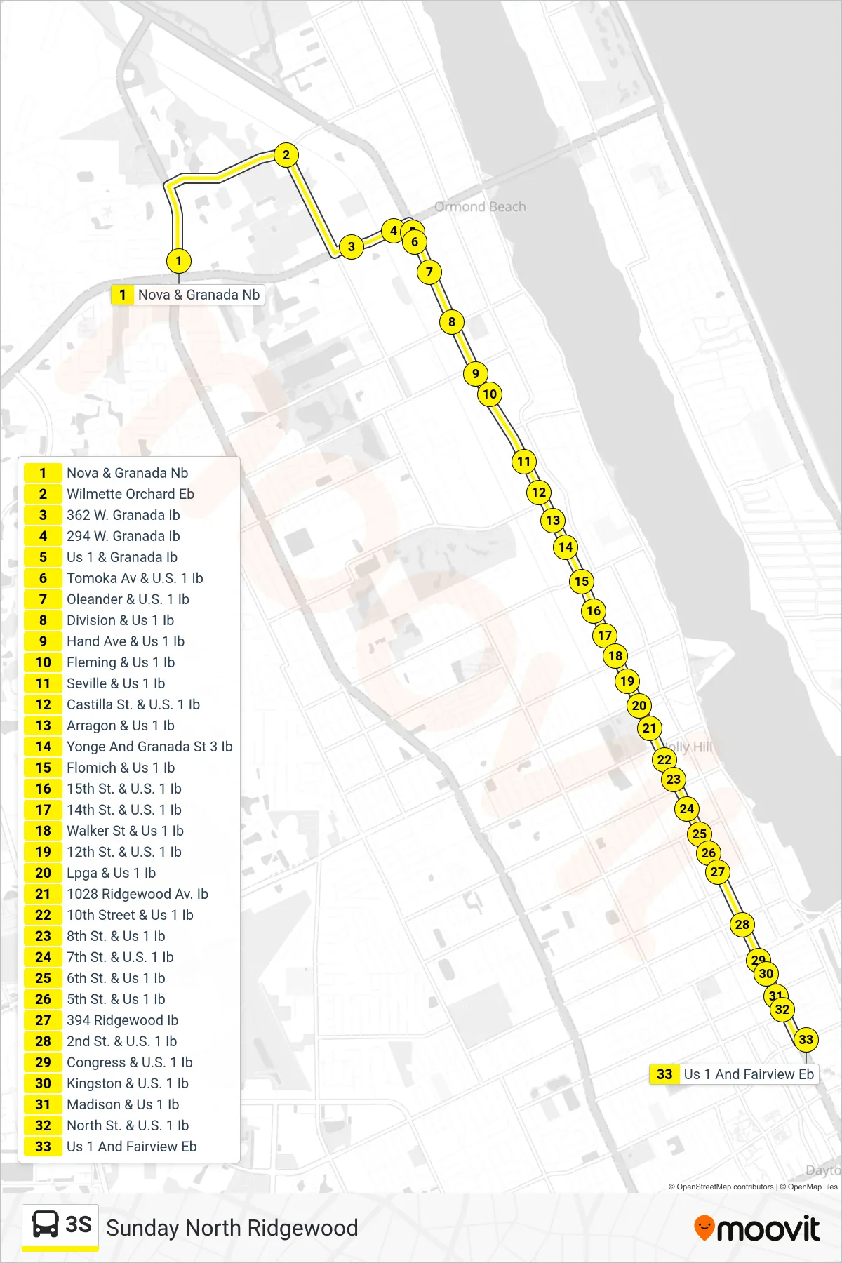 3S bus Line (Us1 And Fairview) route and stops on a map