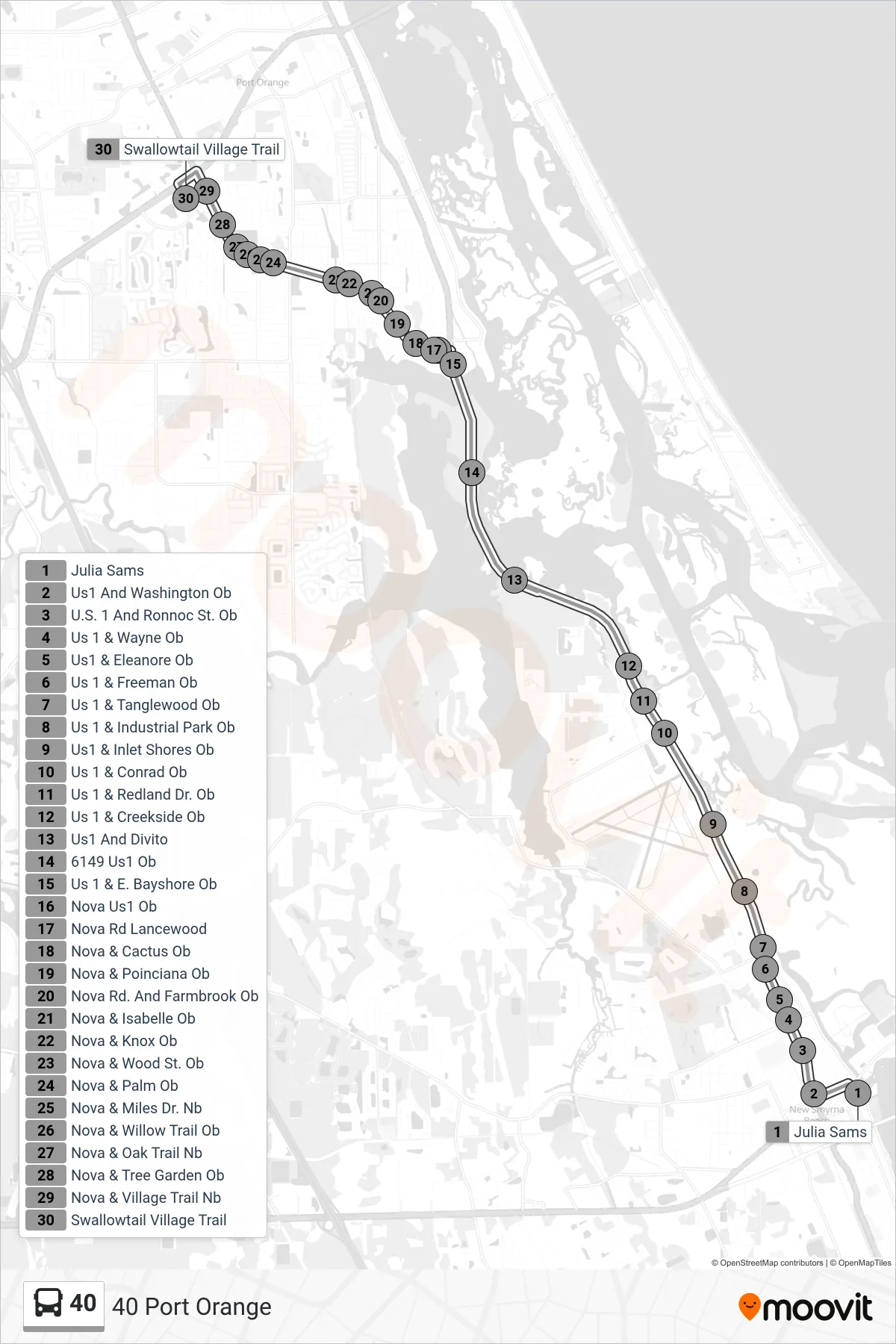 40 bus Line (40 Port Orange) route and stops on a map