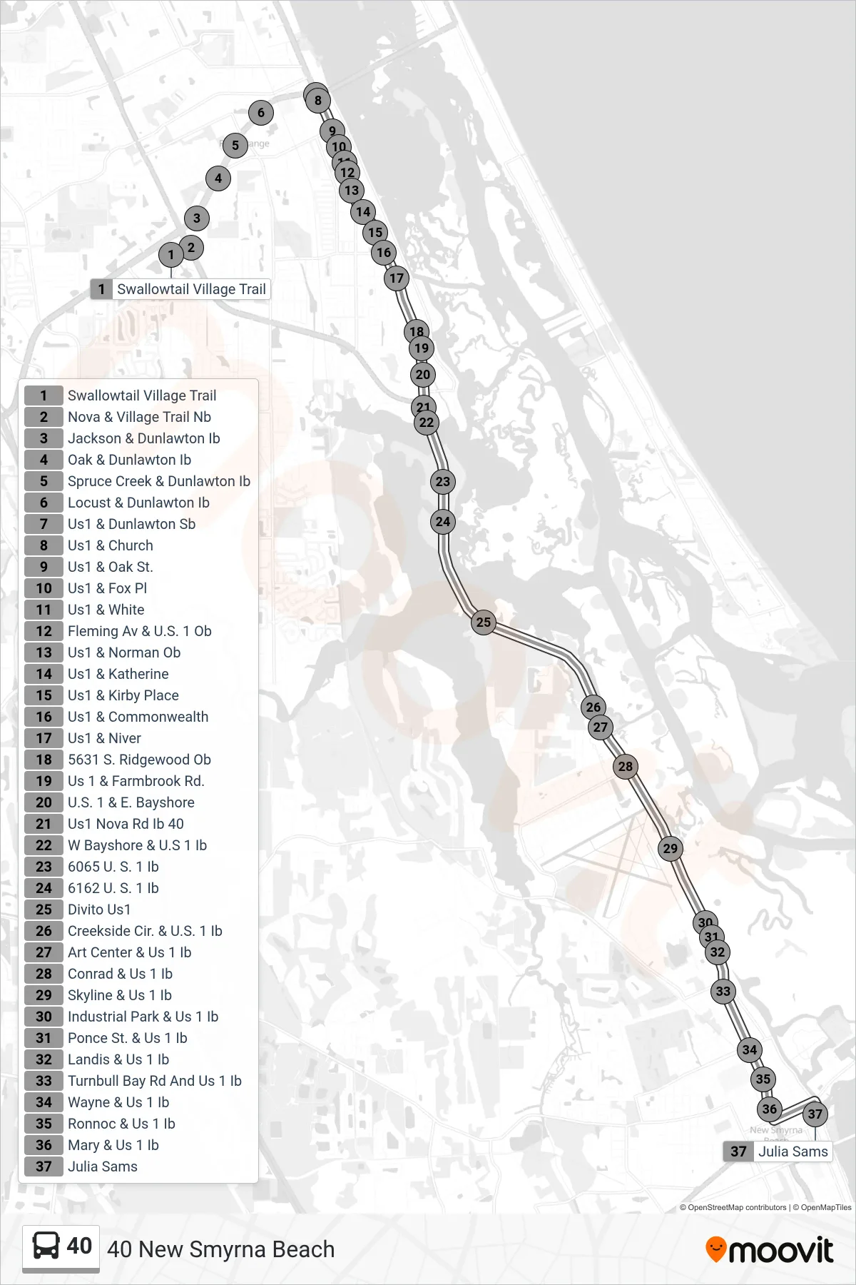 40 bus Line (40 New Smyrna Beach) route and stops on a map