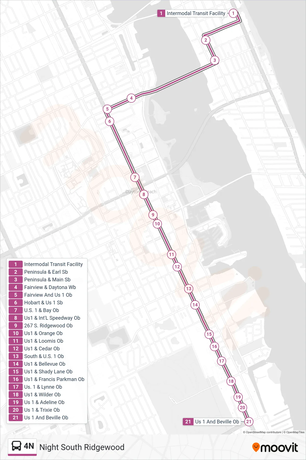 4N bus Line (Votran Office) route and stops on a map