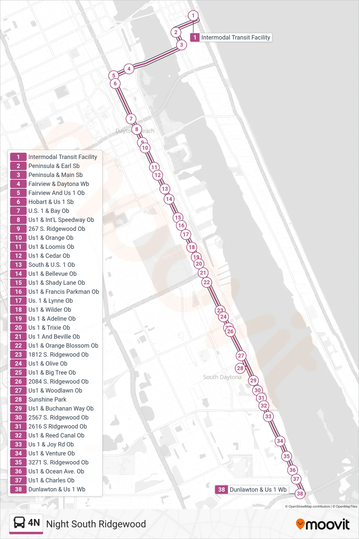 4N bus Line (Dunlawton Ave.) route and stops on a map
