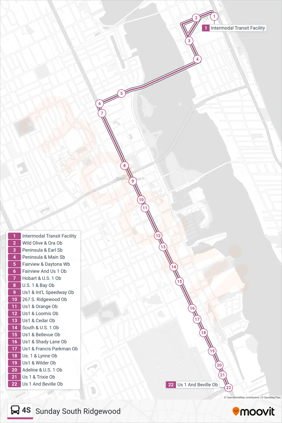 4S bus Line (Dunlawton Ave) route and stops on a map